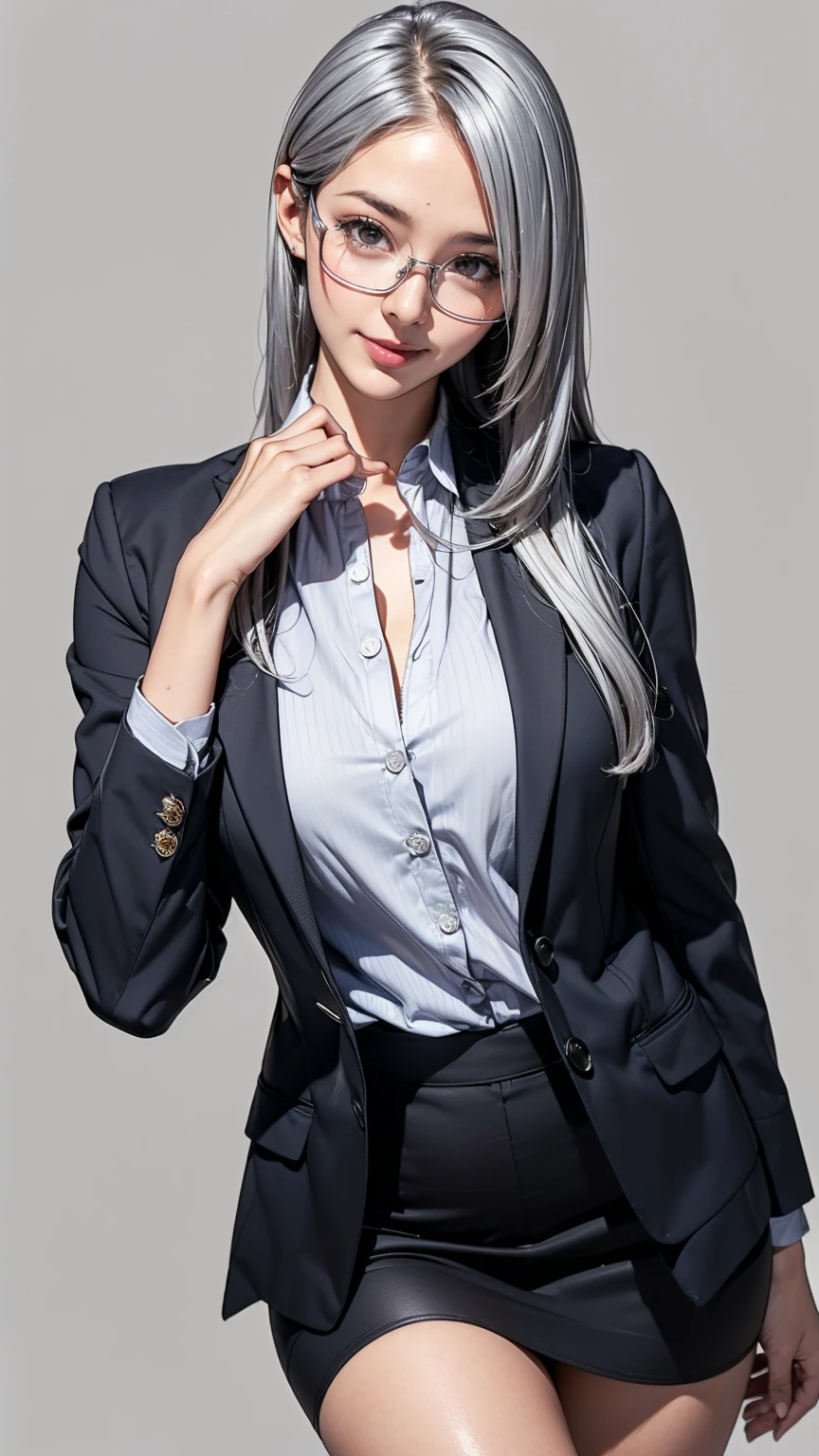 Realistic, masterpiece, Highest quality, Highest Resolution, Anatomically correct, Accurate Anatomy, (Gray blank background:1.3), (1girl:1.3), 20-year-old, Height: 165cm, Shot from thigh up, (Thick thighs:1.2), (Long Hair, Straight Hair, Silver Hair:1.3), (Squint your eyes, Sharp Eyes, (Iris:1.2)), (Hidden eyelid wrinkles:1.2), Thin eyebrows, Draw eyelashes carefully, Natural Makeup, Pull your chin, Show some teeth, Grin, Slightly to the side, (Wear a suit over a shirt, Thin silver-rimmed glasses:1.3), (Pose a random model:1.2)