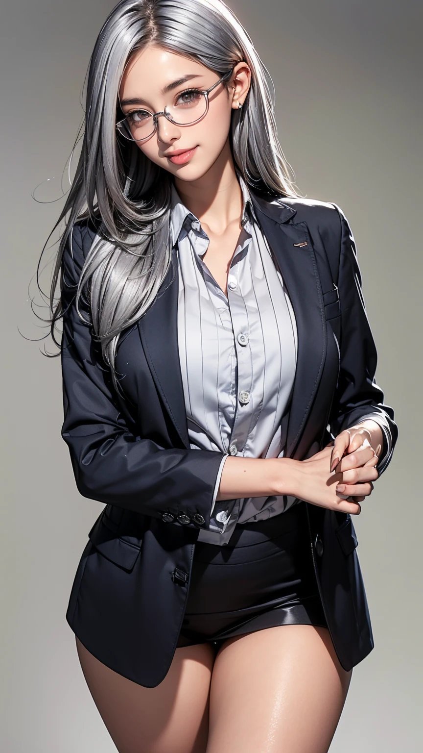 Realistic, masterpiece, Highest quality, Highest Resolution, Anatomically correct, Accurate Anatomy, (Gray blank background:1.3), (1girl:1.3), 20-year-old, Height: 165cm, Shot from thigh up, (Thick thighs:1.2), (Long Hair, Straight Hair, Silver Hair:1.3), (Squint your eyes, Sharp Eyes, (Iris:1.2)), (Hidden eyelid wrinkles:1.2), Thin eyebrows, Draw eyelashes carefully, Natural Makeup, Pull your chin, Show some teeth, Grin, Slightly to the side, (Wear a suit over a shirt, Thin silver-rimmed glasses:1.3), (Pose a random model:1.2)