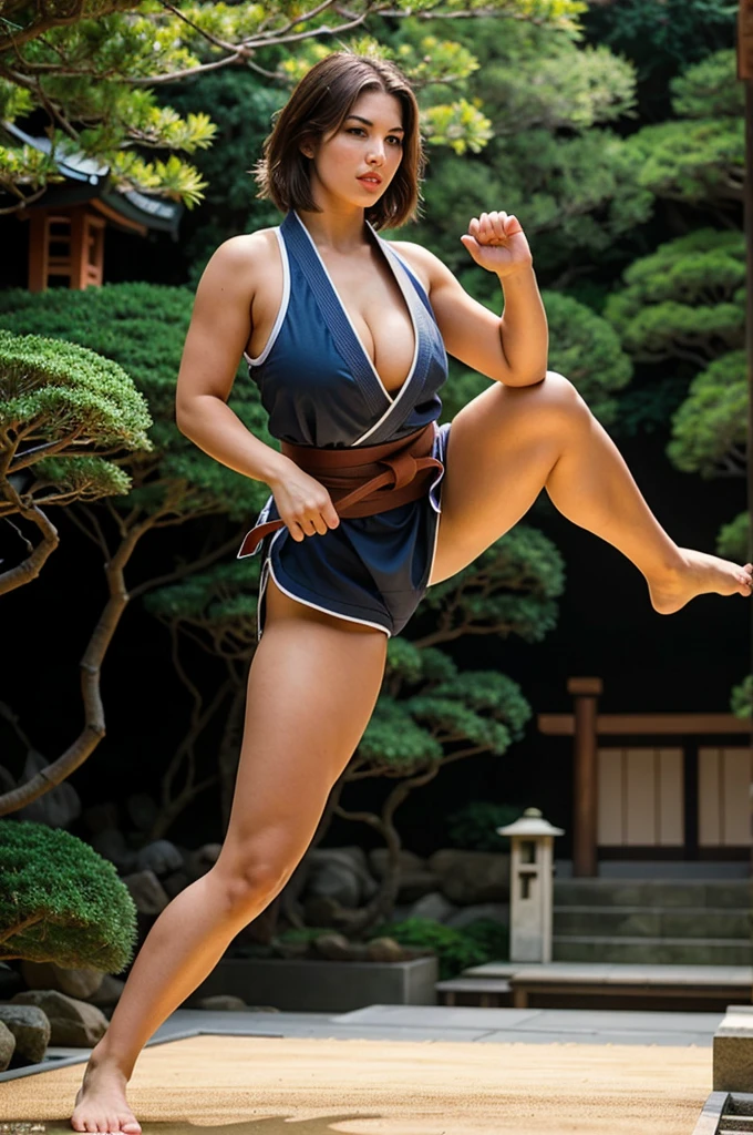 Holly Michaels as Kung Fu Fighter ,brown hair, small breasts, sleeveless judo, black Belt in a japanese garden