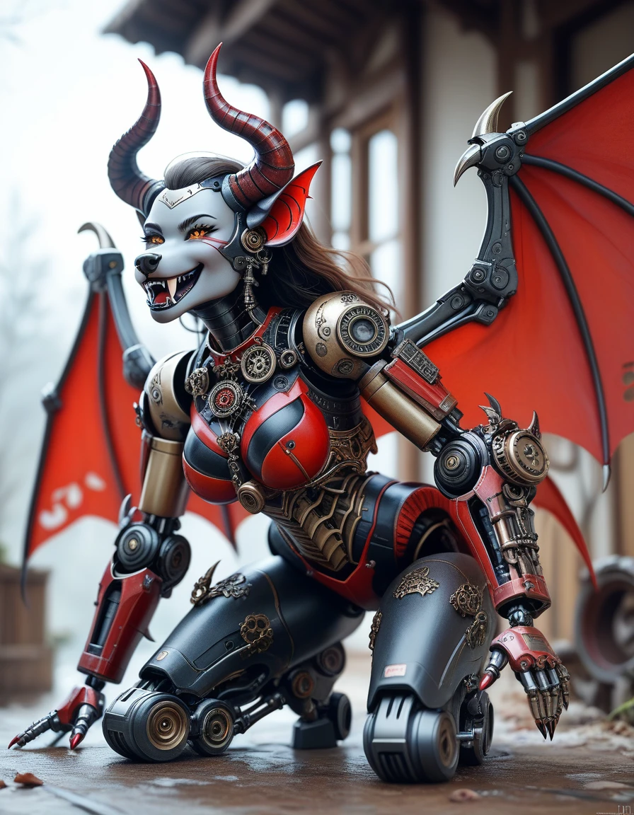 score_9, score_8_superior, score_7_superior,Mechanical demon woman、Detailed robot arm、Detailed robot leg、Detailed mechanical body、Detailed gears、Wolf-like Fangs、Bull-like horns、Large bat-like wings、Devil's Tail、Red glowing eyes、black sheer dress、Elaborate and detailed faces、Ideal body type、Big Breasts、Tiny and detailed waist、In the background is a gothic castle surrounded by a moonlit forest、mecha、DonMSt34mPXL、Cowboy Shot、