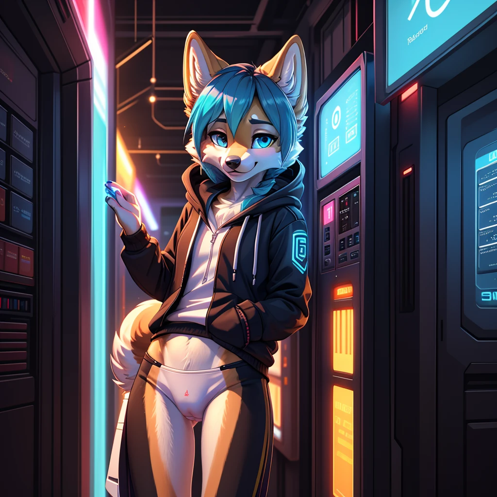 **Prompt:** A beautiful, (masterpiece), high quality, perfect lighting, highly detailed CG Unity 8k wallpaper, high resolution, perfect lighting, youthful, adolescent, tall, slim, skinny, frail slender figure, slim legs, distinctly feminine figure, narrow hips, long legs, close-up shot of a unique female dog character (Shiba Inu). She has soft, golden-brown fur with white accents around her muzzle and eyes, giving her a warm and sexy look. Her long flowing with streaks of electric blue, adding a futuristic flair. Her eyes are a vibrant cyan, glowing slightly with a tech-enhanced sheen. Close up beautiful symmetrical face.
She is dressed in a casual, sci-fi inspired outfit: a loose, cropped holographic hoodie that shimmers with shifting colors, paired with comfortable, high-waisted jogger pants featuring neon circuit patterns highlighting her curvy hips and camel toe.
The character is posed casually leaning against a high-tech vending machine, one foot propped up against it. Her expression is relaxed and sensual, a slight smile playing on her lips. The background is vague sci-fi ambiance.