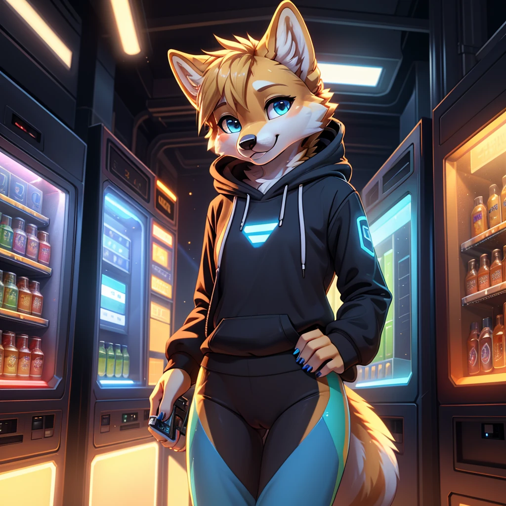 **Prompt:** A beautiful, (masterpiece), high quality, perfect lighting, highly detailed CG Unity 8k wallpaper, high resolution, perfect lighting, youthful, adolescent, tall, slim, skinny, frail slender figure, slim legs, distinctly feminine figure, narrow hips, long legs, close-up shot of a unique female dog character (Shiba Inu). She has soft, golden-brown fur with white accents around her muzzle and eyes, giving her a warm and sexy look. Her long flowing hair has streaks of electric blue, adding a futuristic flair. Her eyes are a vibrant cyan, glowing slightly with a tech-enhanced sheen. Close up beautiful symmetrical face.
She is dressed in a casual, sci-fi inspired outfit: a loose, cropped holographic hoodie that shimmers with shifting colors, paired with comfortable, high-waisted jogger pants featuring neon circuit patterns highlighting her curvy hips and plump butt. Long fuzzy tail.
The character is posed casually leaning back against a high-tech vending machine, one foot propped up against it. Her expression is relaxed and sensual, a slight smile playing on her lips. The background is vague sci-fi ambiance.