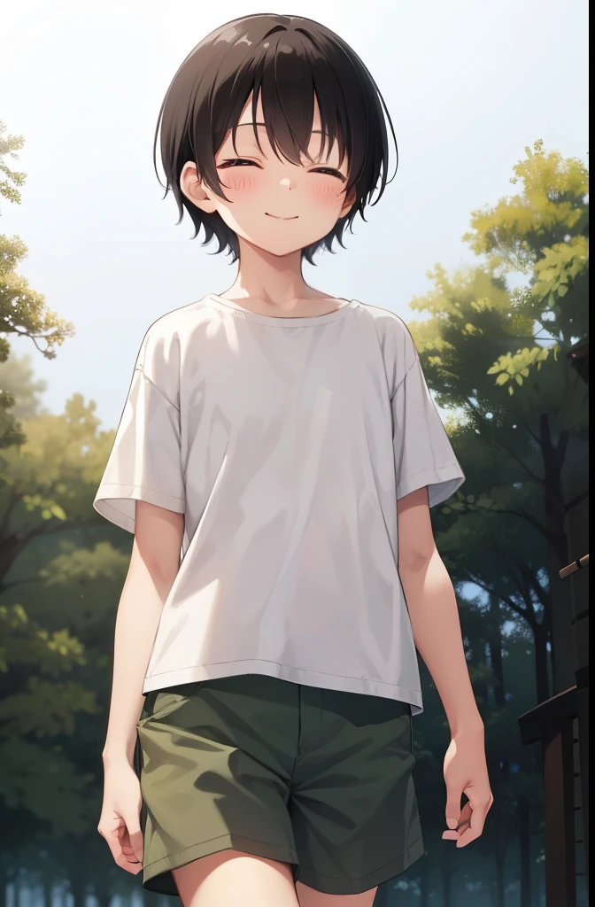 forest,smile,Walking,close your eyes,1. small ,short hair,Black Hair,blush,White T-shirt,Olive green shorts,White skin,From below,shy,Cowboy Shot,night中,night,moon,