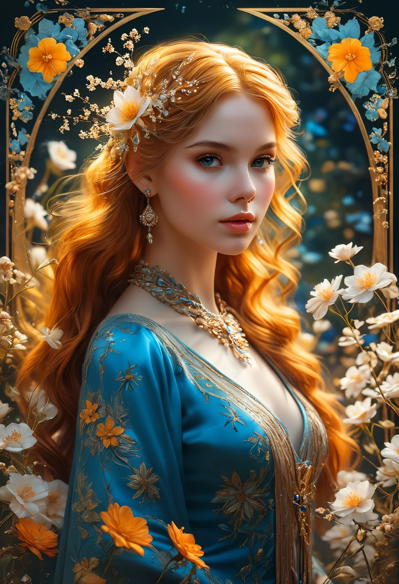 (masterpiece, Highest quality, Highest quality, Official Art, beautifully、aesthetic:1.2), (One girl:1.3), (Fractal Art:1.3), card, Tarot, orange Hair, Twin Blade, Hair Flower, (Good lighting:1.1), ((High resolution)), Tarot card style