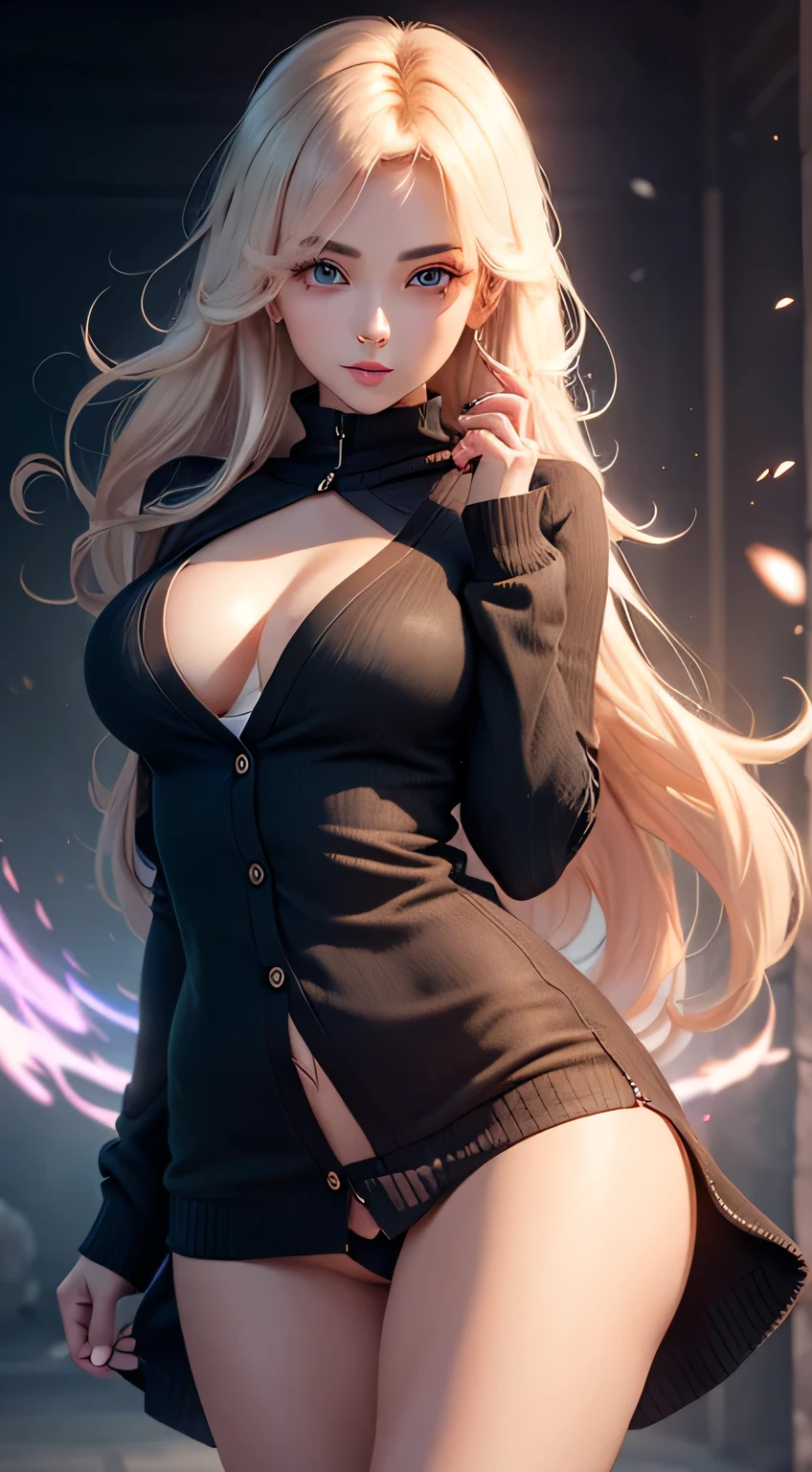 delicate and dynamic, 2.5D, the most beautiful woman in the world, beautiful hair, beautiful eyes, attractive and seductive expression, staring at me, wearing loose cardigan worn casually, great Proportions, beautiful effects, very clear work