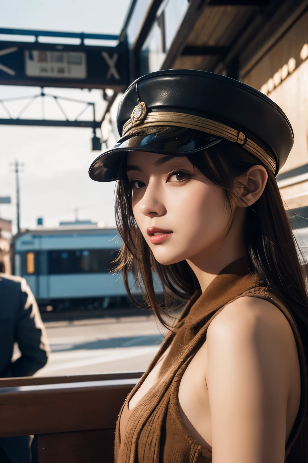 1 girl,  Aviator hat ,   Solitary,   steam punk, TRAIN STATION,  , steam, smokes, masterpiece, Very detailed,Human Development Report,8k resolution, best quality,