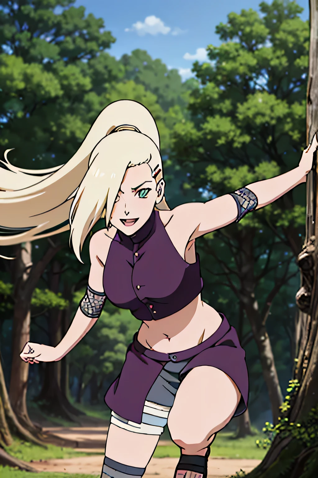 (Position yourself for the audience.), Ino Yamanaka, looking at the audience, charming, Groin, cowboy shoot, Extraordinarily detailed face,In the forest, sunny day, Daytime, upper body view, anime style, alone, House details, Blonde, ((One eye is covered with fur., Hair over the eyes)), Medium bust, Belly button, looking at the audience, (off shoulder, Broad shoulders, curved body), hidden eyes, smile, open mouth, very happy, high, Hair clips, Looks sharp, Sharp face, Sharp eyes, cool colors,Knees up,Beautiful legs,Leg kick,Fighting posture, jump
