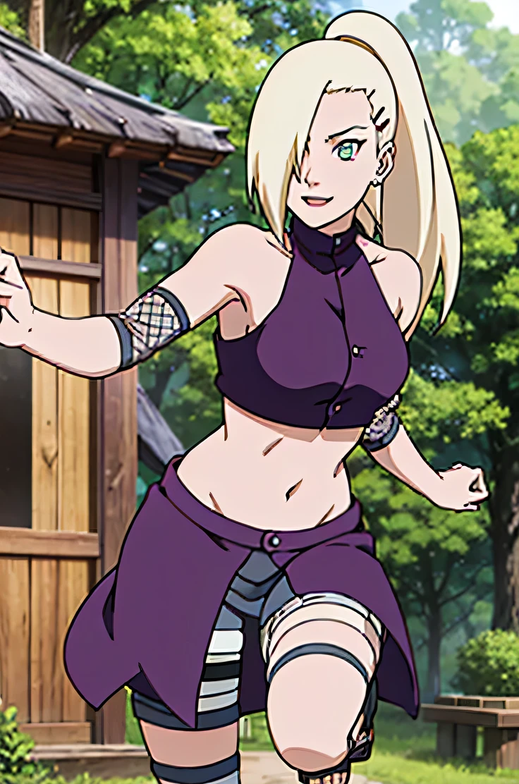 (Position yourself for the audience.), Ino Yamanaka, looking at the audience, charming, Groin, cowboy shoot, Extraordinarily detailed face,In the forest, sunny day, Daytime, upper body view, anime style, alone, House details, Blonde, ((One eye is covered with fur., Hair over the eyes)), Medium bust, Belly button, looking at the audience, (off shoulder, Broad shoulders, curved body), hidden eyes, smile, open mouth, very happy, high, Hair clips, Looks sharp, Sharp face, Sharp eyes, cool colors,Knees up,Beautiful legs,Leg kick,Fighting posture, jump
