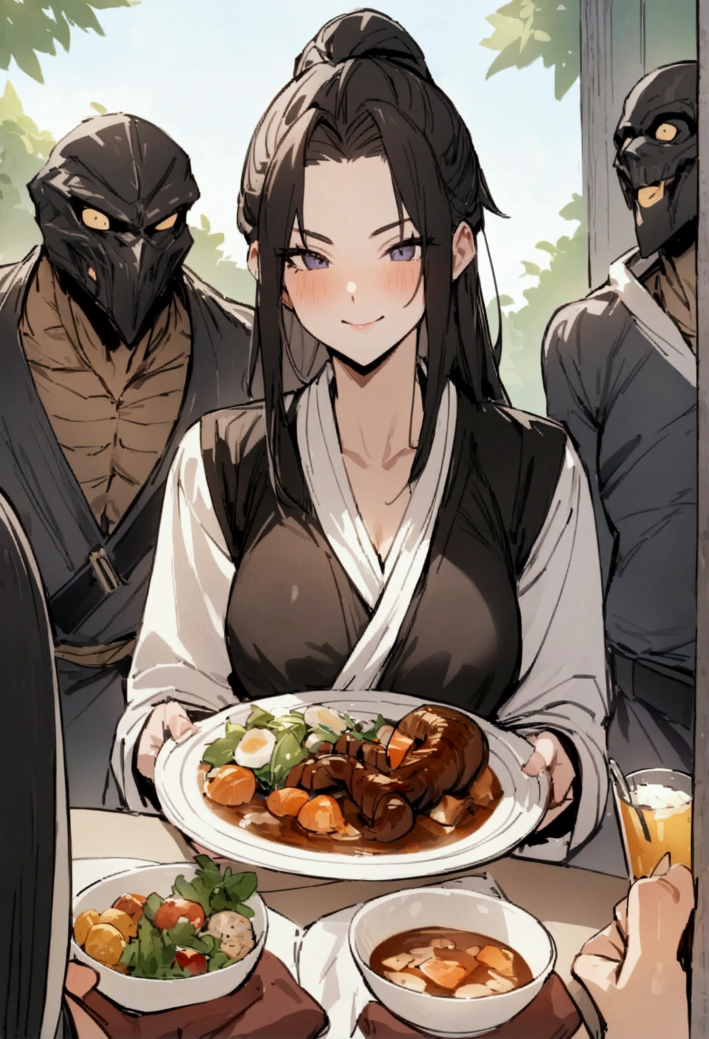 masterpiece,Highest quality,Super quality,Enemy Characters,Female Swordsman,Actually a good guy,Having a meal with his subordinates