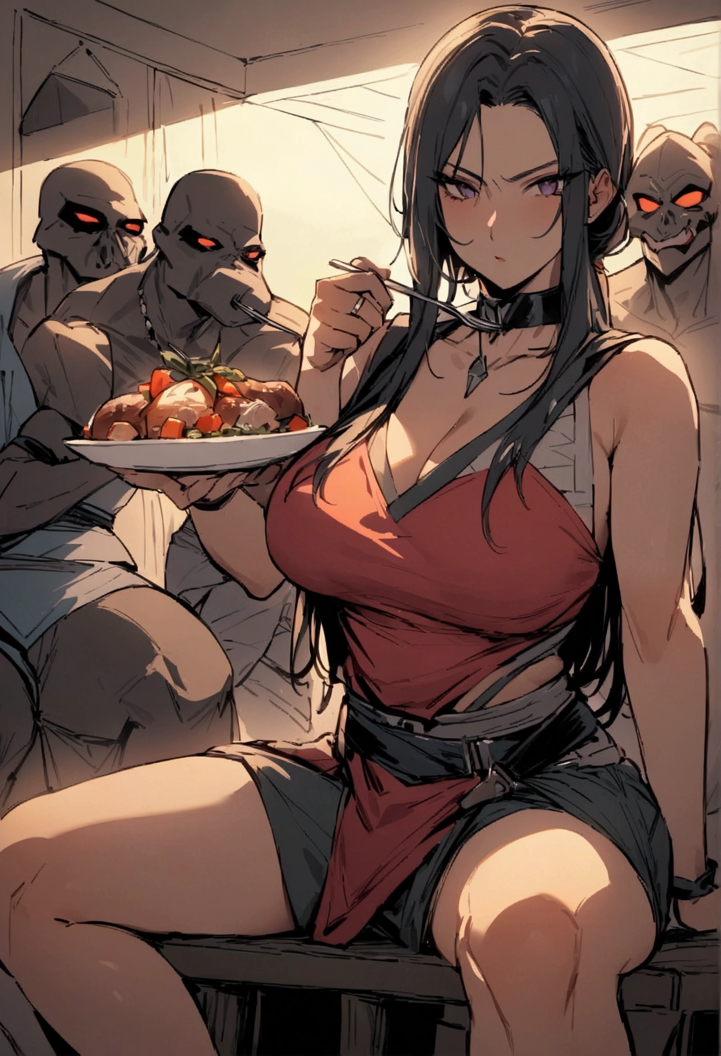 masterpiece,Highest quality,Super quality,Enemy Characters,Female Swordsman,Actually a good guy,Having a meal with his subordinates