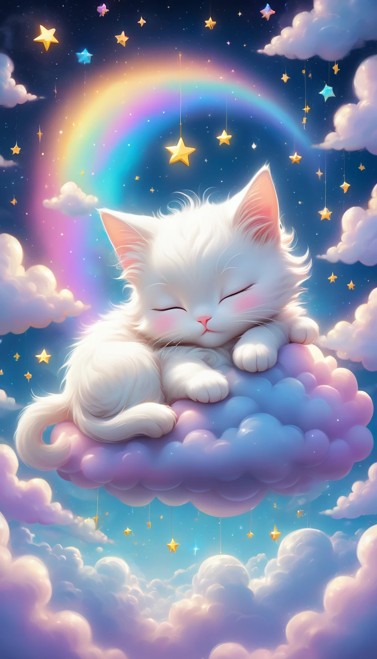 There is a white cat sleeping on a cloud with stars in the background, Dream animal cute eyes, Adorable digital painting, Beeple and Jeremiah Kettner, Cute and intricate digital art, Cute digital art, Lisa Frank, Lying in the fairyland of white clouds, Sweet dreams, A dreamlike night, Dreamy Art, Cute artwork, Dreamy scene, Fluffy and full of light, Dreamy illustration