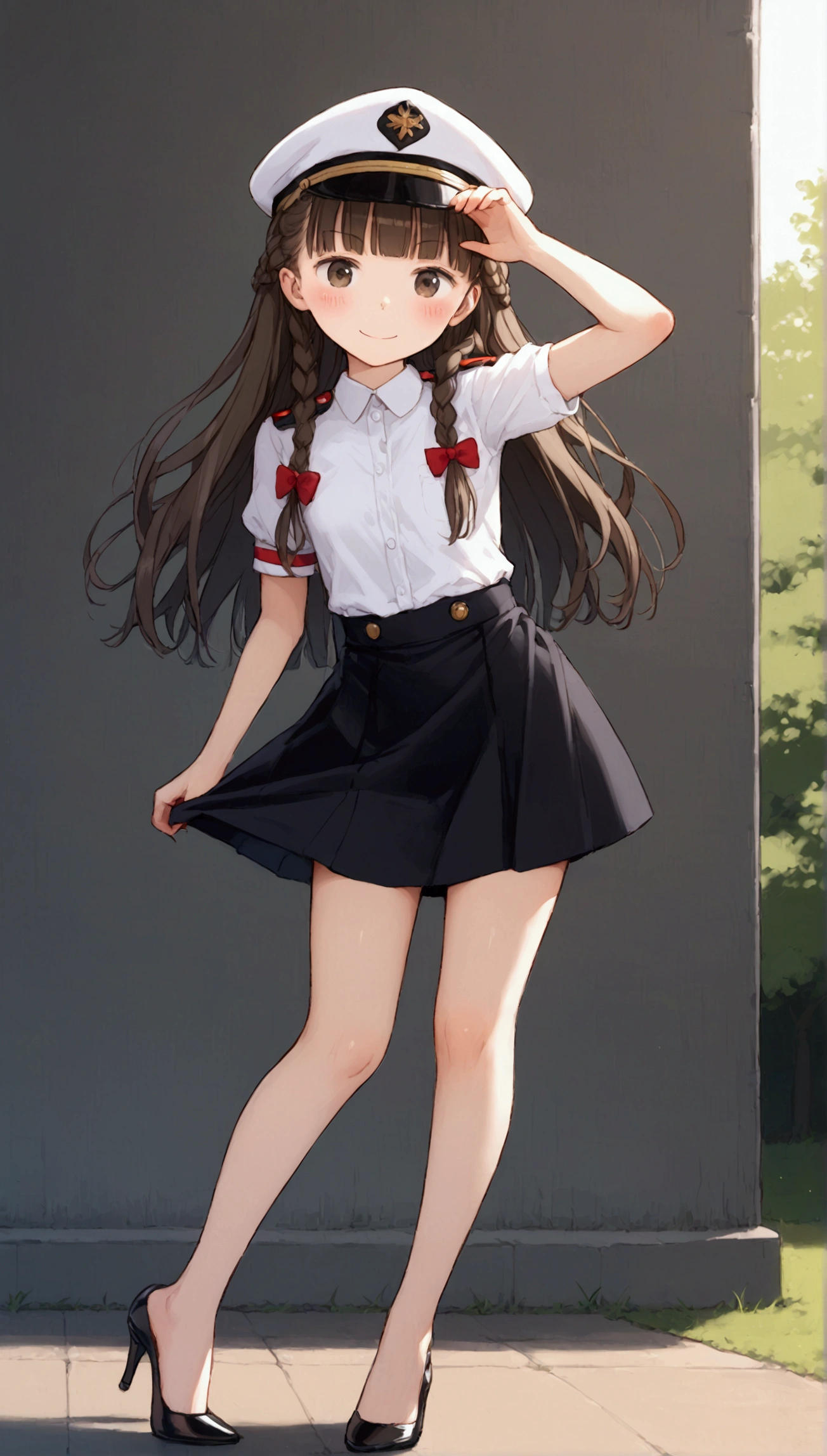 {Highest quality}, {Super beautiful},{Ultra fine},{Best illustration},Brown Hair,Hime cut,long hair,Braid,One woman,Standing Woman,Strike a pose,smile,smilingly,Uniform cap,White Shirt,Short sleeve,Long black skirt,at the park,Blushing,Slender,Black stiletto heels,barefoot,Stand with your legs together,from the front,Bend one leg