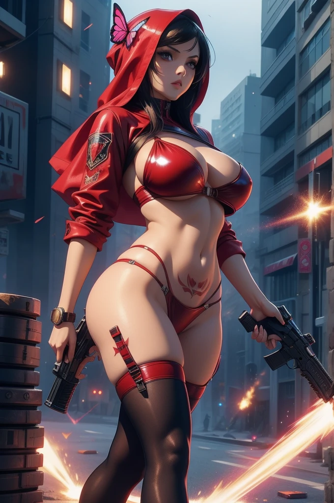 (Best Quality, Masterpiece), A cinematic movie poster for an action film, 1woman, Arabic, middle eastern, wearing silk Hijab, Crimson red PVC bikini, a tattoo of a butterfly under her belly, polished nails:0.91, huge breasts, glossy lips, private parts slightly visible, stockings, high heels, Cyberpunk theme, policewoman, holding a firearm, explosions, beams, blasters, cinematic, fade.