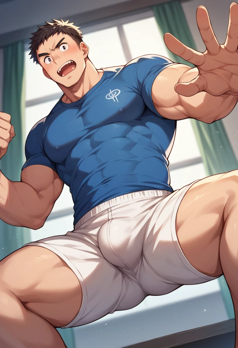 38 years old　nonaka kouhei　Kneel　Muscular man，，Spread your legs，，Red Brief，，masterpiece，High resolution，Reaching down to the bulge in the crotch　