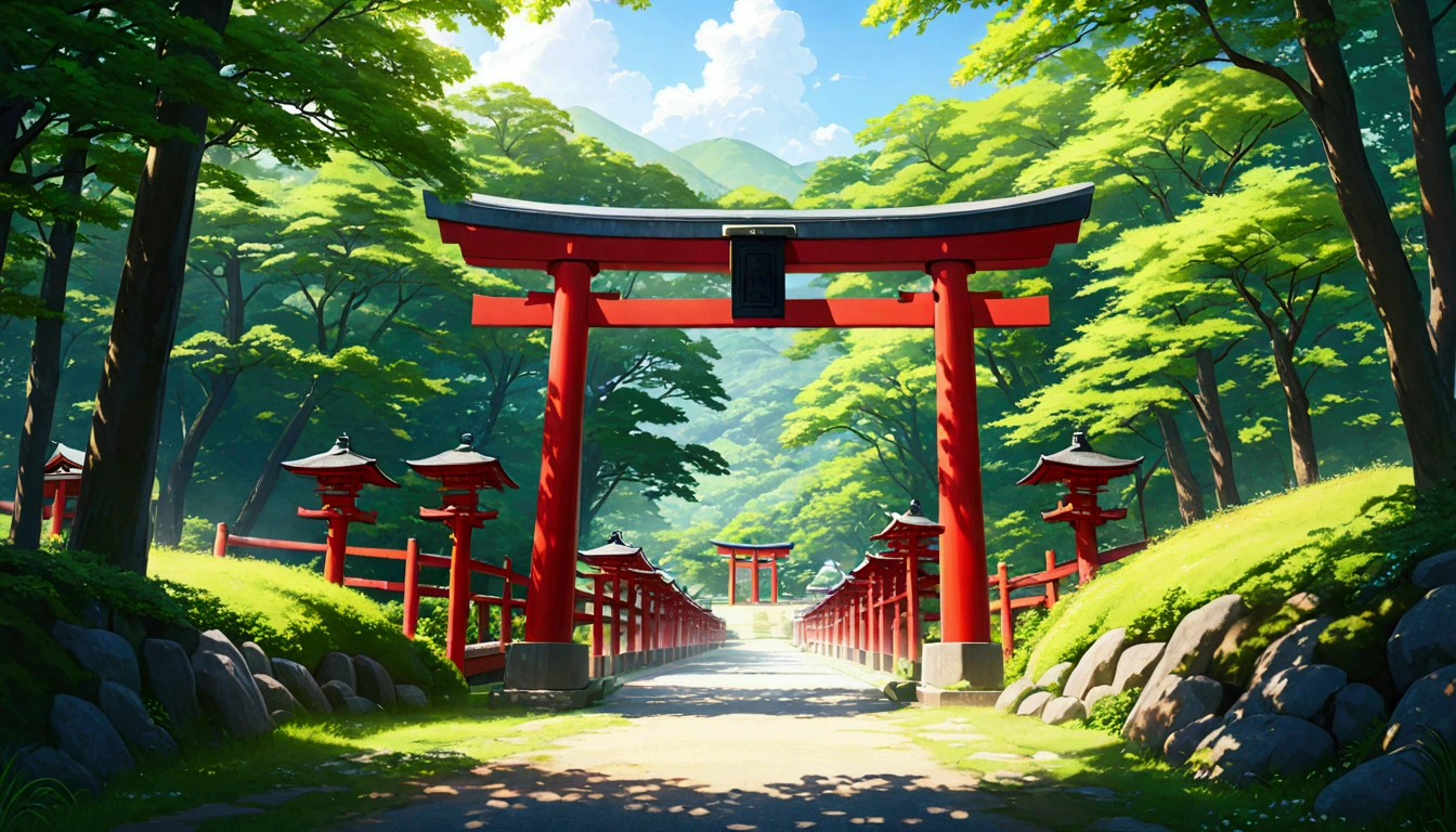 Japanese countryside,shrine,torii,Midsummer,sunny,Daytime,Highest quality, 8k, High resolution, masterpiece:1.2, Very detailed, Realistic:1.37, High resolution, 超High resolution, Very detailed, Professional, Vibrant colors