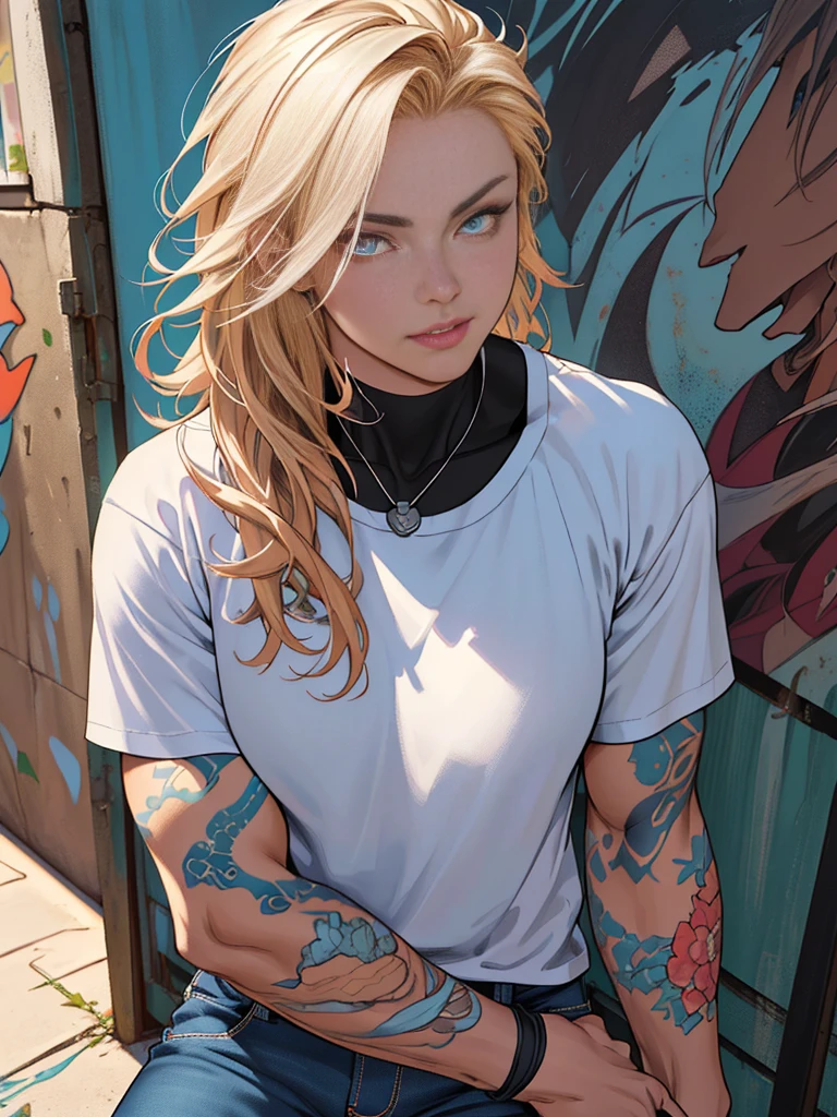 raw photo, ::comix style by marc silvestri:: beautiful woman ashley alexiss european perfect and detailed, style ::2.0 comix illustration style,tatoon style , man model ultra detailed, (beautiful and clear background:1.2),, fantastic paintings ,graffit style, olhos altamente detalhados , a white t-shirt or tatoon stamp , blond hair, masterpiece, best quality, high quality, highres, detail enhancement, ((most beautiful image in the world)), masterpiece, best quality, high quality, highres, detail enhancement, ((most beautiful image )),with short, shiny black hair, wearing a large round-neck t-shirt, wearing jeans, five legs, like yellow sneakers, emphasizing the integrity of the human body, emphasis on the correct 5 fingers on each hand and the correct shadow, , bright image, art by stanley artgerm lau, art by kenneth rocafort, art by genzoman, art by joe madureira, art by blushyspicy, art by stjepan sejic, art by j scott campbell, art by guillem march, art by citemer liu, 4k, high resolution, comic book, comic book character, comic, high quality
