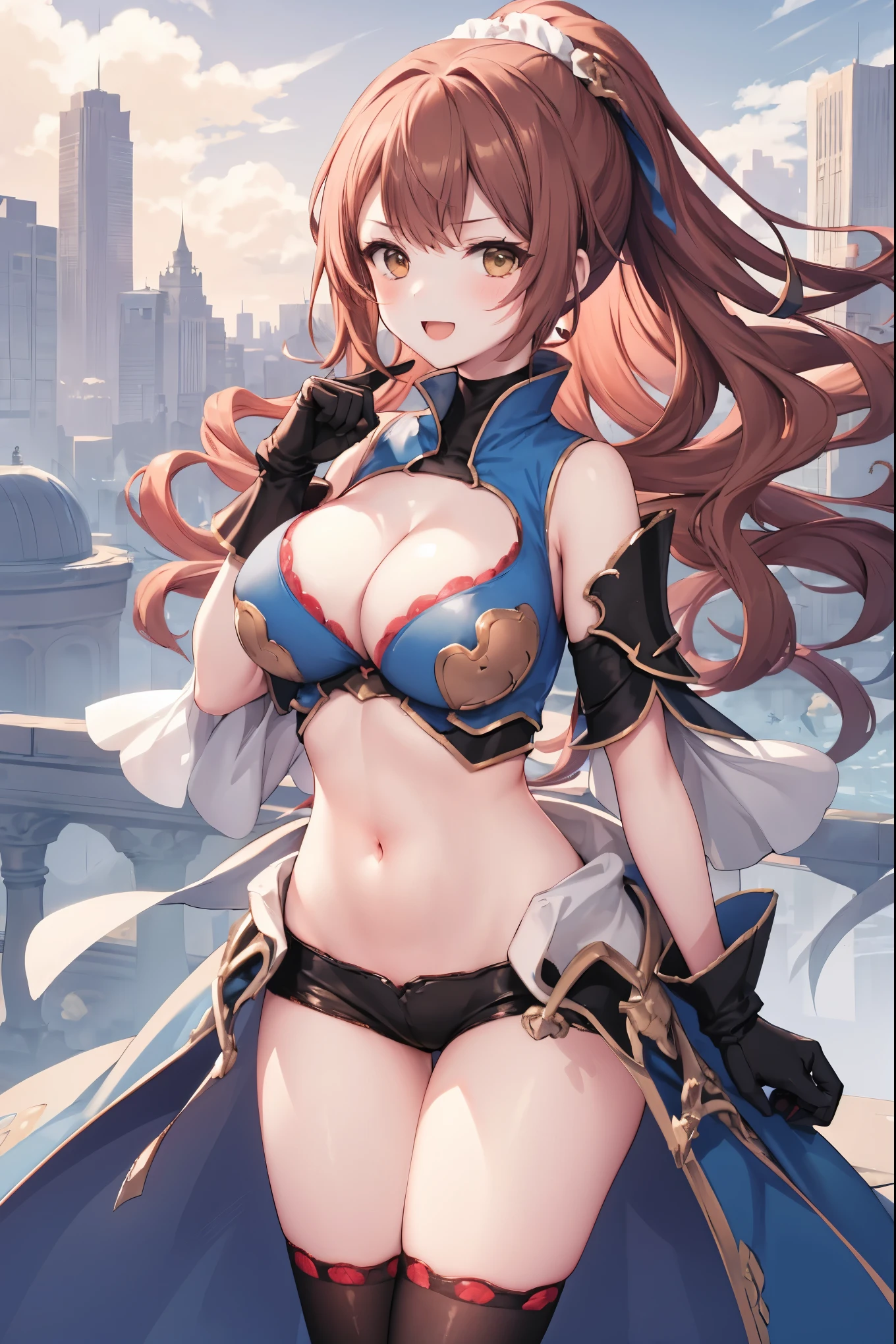 masterpiece, best quality, 1teen_girl,def,beatrix, ponytail, hair ribbon, gauntlets, blue shirt, gloves, cleavage cutout, looking at viewer, big_smile, large breasts, sky_landscape_background ,,happy,covered_nipples,young_,full_of_beans,,laugh,blush,open_mouth,thigh-highs, glower,open_legs,rise_knee,(angry:0.8)