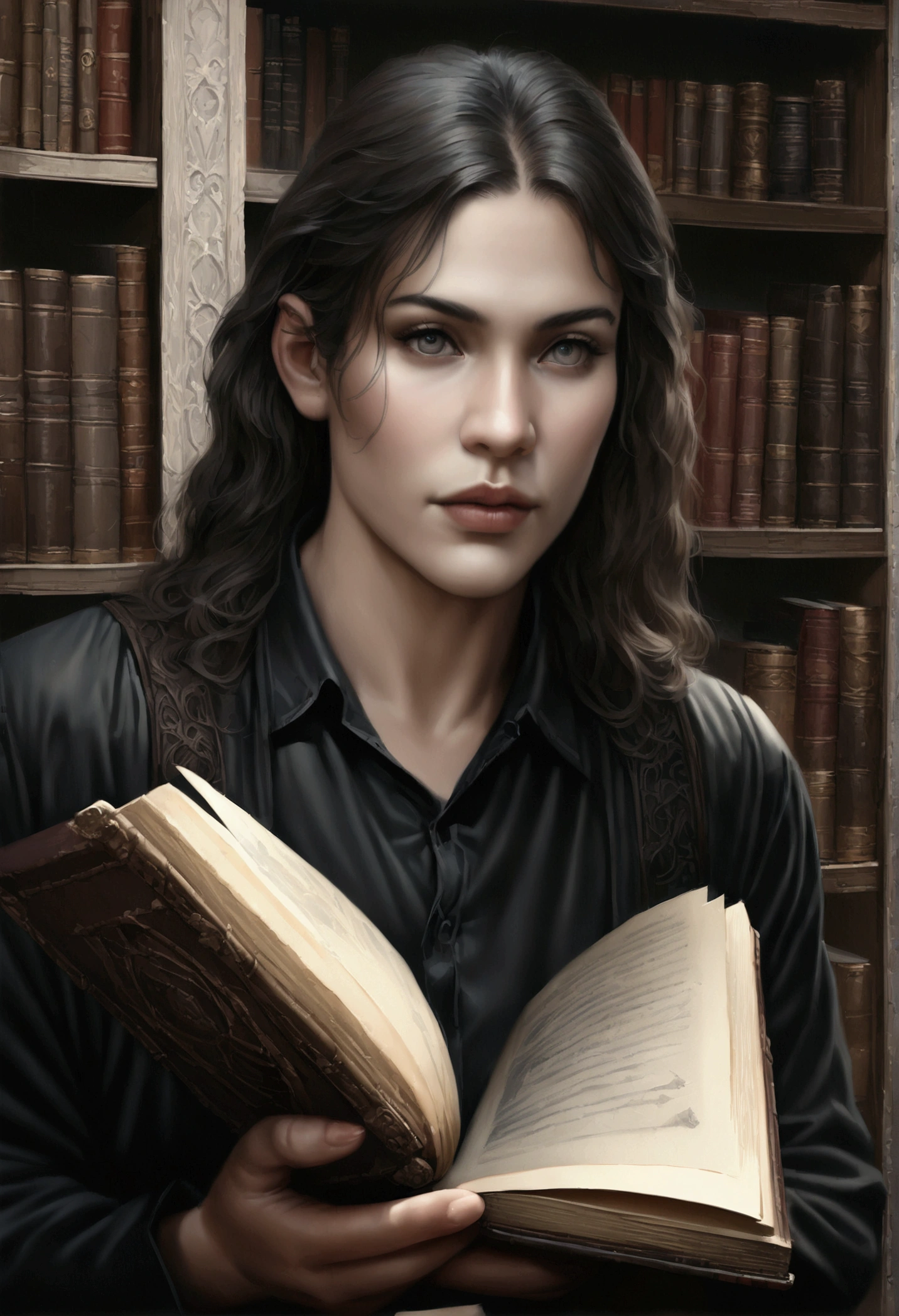 a dark-haired young man with piercing eyes, in a mythical library filled with ancient tomes, (best quality,8k,highres,masterpiece:1.2),ultra-detailed,(realistic,photorealistic,photo-realistic:1.37),dark moody lighting,dramatic shadows,intricate book shelves,floating candles,ornate architecture,fantasy,cinematic,dramatic,chiaroscuro