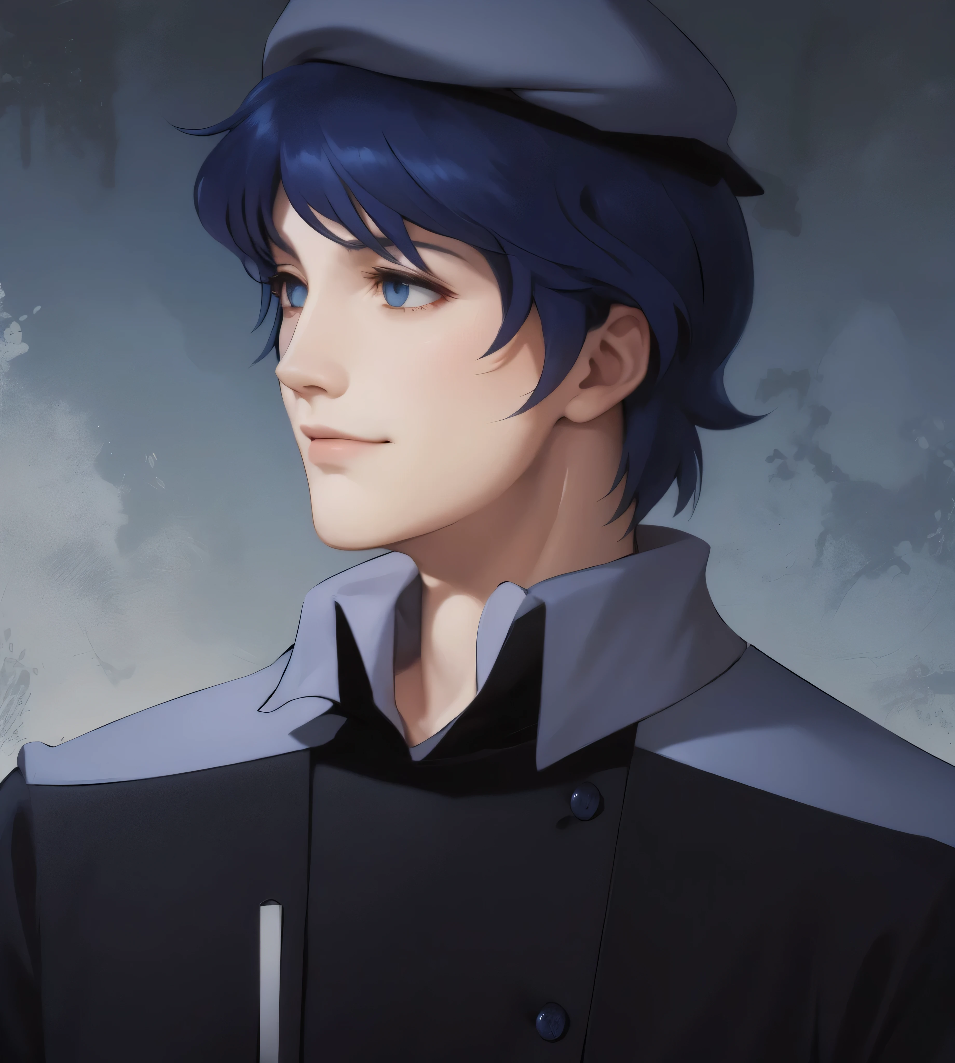 illustration of a man, blue clothes, an illustration inspired by Kanō Hōgai, tumblr, romanticism, yang wen-li, portrait, dark-blue hair, the sandman from graphic novel, deep focus, wearing navy-blue beret, dark blue jacket, fastened with buttons down the front, with a high collar and structured fit. The jacket features shoulder insignias and two breast pockets with button flaps. Underneath the jacket, he wears a light-colored scarf that adds elegance, golden buttons, man, male, perfect eyes, good eyes
