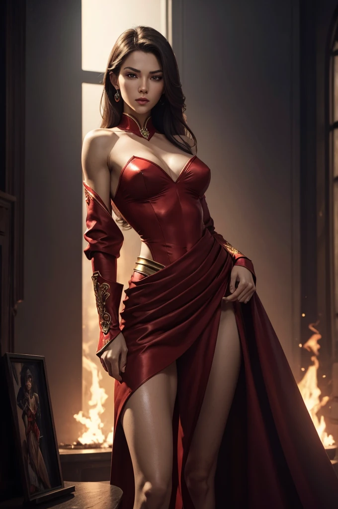 a woman in an imperial red outfit, lean fit and slender body, sexy features, defined muscles and abs, revealing shoulder, chest, slender waist and legs, beautiful detailed eyes, beautiful detailed lips, extremely detailed face, long eyelashes, dynamic action pose, 8k, photorealistic, cinematic lighting, dramatic atmosphere, vibrant colors, digital painting, concept art style, flames in the background