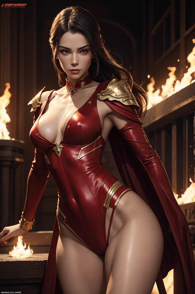 a woman in an imperial red outfit, lean fit and slender body, sexy features, defined muscles and abs, revealing shoulder, chest, slender waist and legs, beautiful detailed eyes, beautiful detailed lips, extremely detailed face, long eyelashes, dynamic action pose, 8k, photorealistic, cinematic lighting, dramatic atmosphere, vibrant colors, digital painting, concept art style, flames in the background