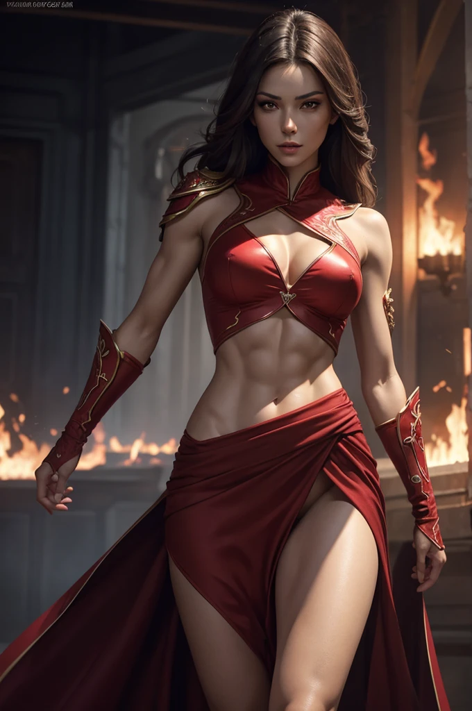 a woman in an imperial red outfit, lean fit and slender body, sexy features, defined muscles and abs, revealing shoulder, chest, slender waist and legs, beautiful detailed eyes, beautiful detailed lips, extremely detailed face, long eyelashes, dynamic action pose, 8k, photorealistic, cinematic lighting, dramatic atmosphere, vibrant colors, digital painting, concept art style, flames in the background