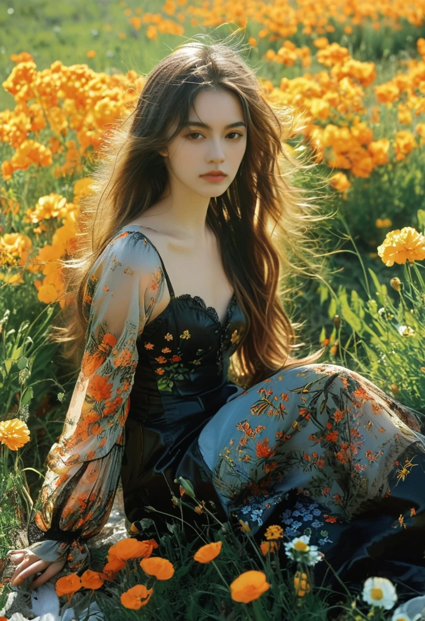 The image features a young woman seated in a meadow filled with vibrant orange and yellow flowers under a bright sky with fluffy clouds. She has long, light brown hair and is dressed in a floral patterned dress with a dark, somewhat melancholic aesthetic. Her facial expression is contemplative, with a direct, intense gaze toward the camera, giving the image a poignant emotional depth. Her footwear, black boots with floral patterns, contrasts with the softness of the meadow, adding a striking visual element to the composition. The colors in the image—primarily the greens of the grass, the orange and yellow of the flowers, and the pale blue of the sky—harmonize to create a serene yet vibrant scene, set off by the darker tones of her attire and boots.