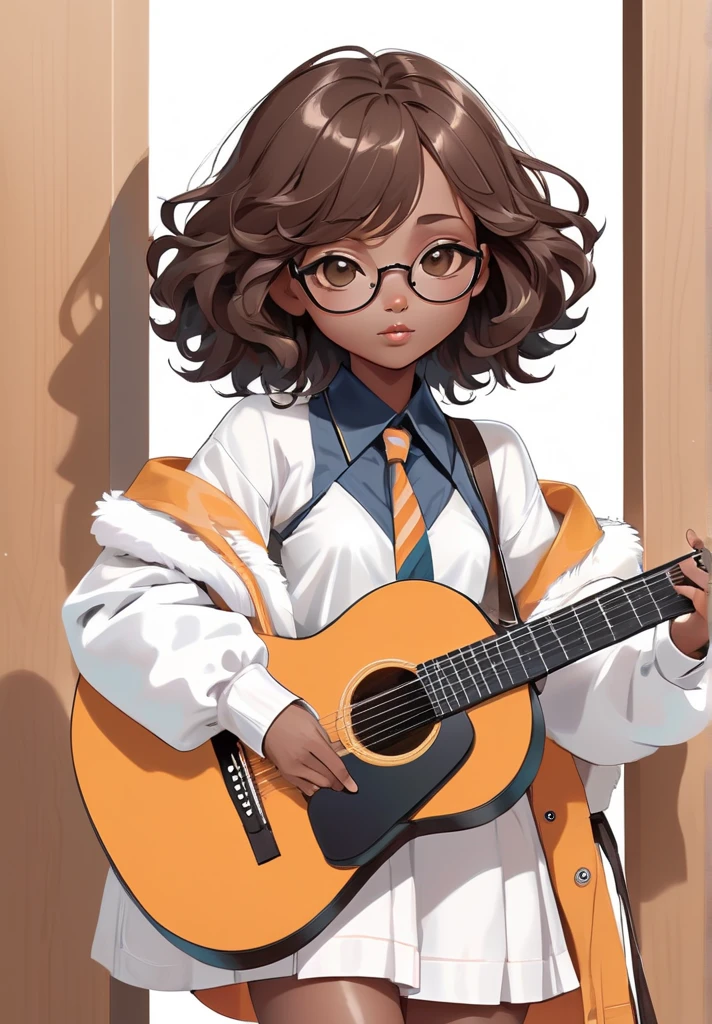 high resolution,best qualityer,naturals, 
Illustrator without black lines, black contour lines, or black line drawings, flat illustration e monocromática, coloring similar to foreign animation, Chibi character, アニメ, fluffly, full body illustration, Deformed illustration,  with glasses, fleshy lips, semtada holding a guitar with white and dark brown as precious colors, flat illustration, Simpler, minimalism, White background,, afro hair, brunette skin, long hair, without bangs, darkskin.