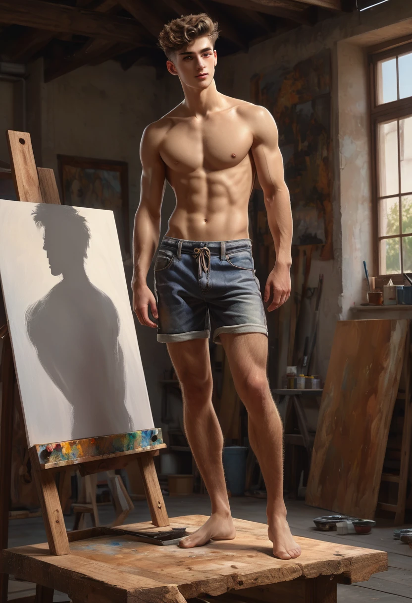 1 man standing on a wood pedestal hands behind his head slightly smile in painting workshop 

fullbody

in roberto ferri art style, a 20 years old, fullbody, day light, wearing very small swimming short, divine proportions, masculine gaze, handsome, realisitic skinny detailed muscles, 

master piece, artstation trending, ultra hd, realistic, vivid colors, highly detailed, UHD drawing, pen and ink, perfect composition, beautiful detailed intricate insanely detailed octane render trending on artstation, 8k artistic photography, photorealistic concept art, soft natural volumetric cinematic perfect light

he is modeling for painters, 