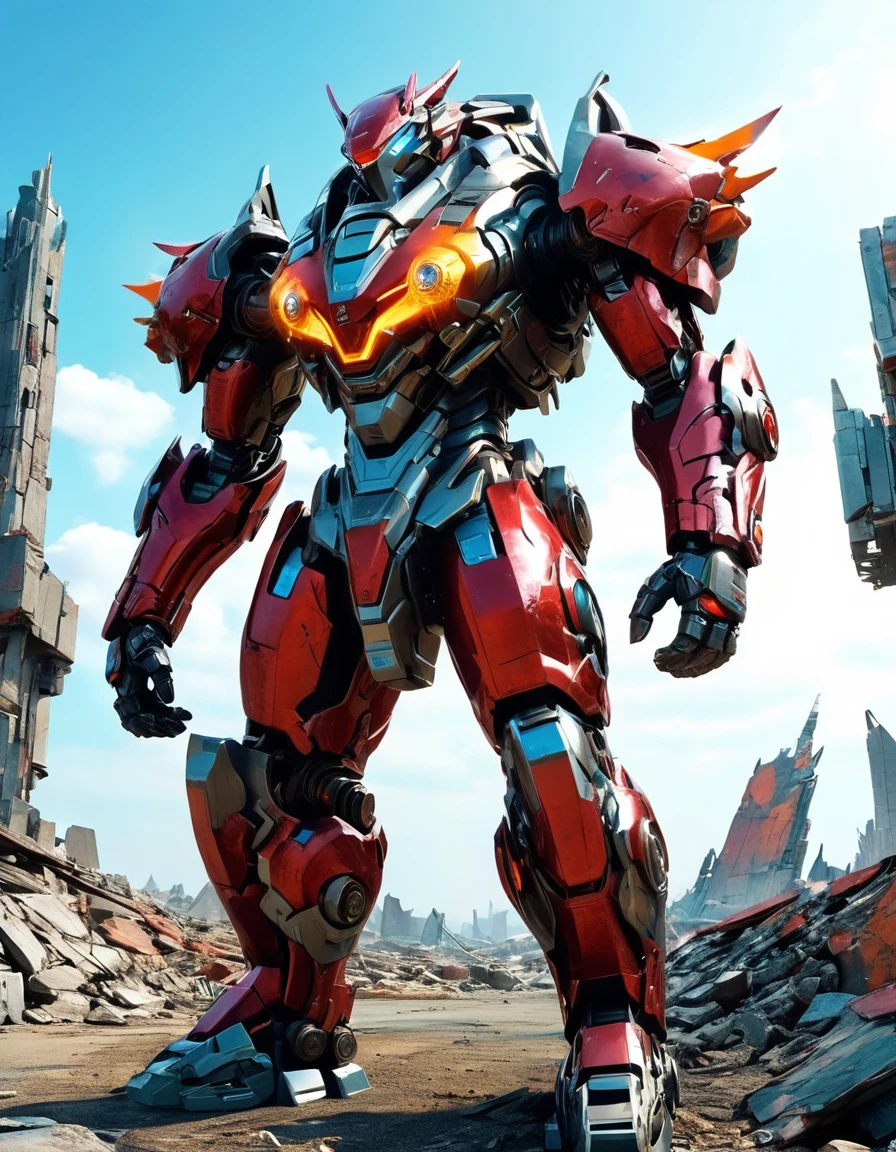 A majestic wolf in a futuristic setting stands proudly amidst a backdrop of metallic ruins, flanked by three gleaming mechas: a fiery red one, a piercing blue one, and a swirling multicolored behemoth. The wolf's fur shines with an otherworldly sheen as it surveys the masterpiece of metal and circuitry, set against a stark 8K background of cracked concrete and twisted steel, with no human presence in sight. Ultra-detailed textures and high-resolution rendering bring this sci-fi wonderland to life.