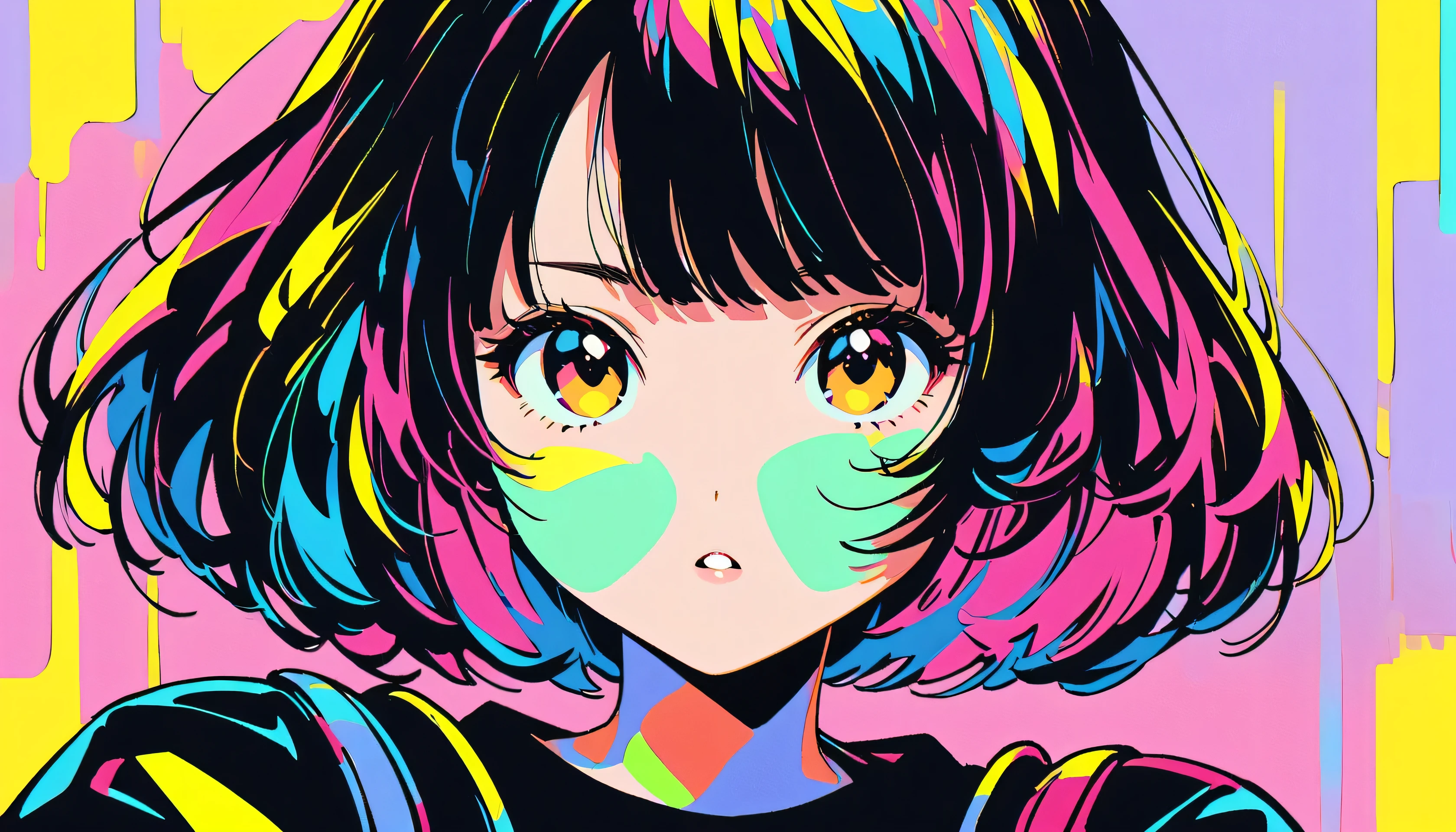 (Highest quality:1.2, City Pop Style, Very detailed, Latest, Vibrant, High Contrast, masterpiece:1.2, Highest quality, Best aesthetics), girl, ((Face Up Shot:1.4)), Colorful Hair, Bobcut, pastel colour, 1980s style, ((Retro, Vintage, Plain background))Headphones