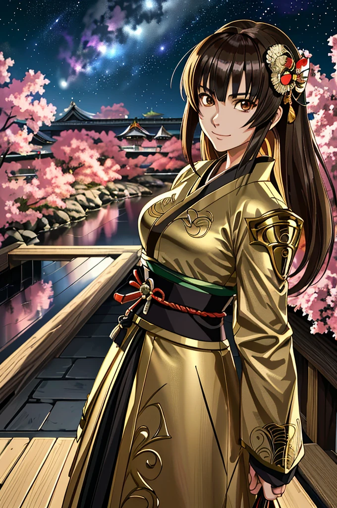 Highest quality, masterpiece, High resolution, alone, smile,, 1 Female,kimono，Naginata，Daimyo，Jinhaori，Fumaru，brigandine，hauberk,（Night Sky_background），Anime Style, 4K,，masterpiece，Middle Age，alone, 1 , whole body, (Front angle)，(looking at the camera)，(Two arms)，Looking at the camera,black eye，smug face，（Hime cut_hair型）， Shinkai Makoto style,（Brown_hair），Long Hair，(Accurate fingertips), (The finer details),(Anatomically correct),(映画のbackground), Hyper Detail, (Subtle details), (Intricate details), Octane Rendering，