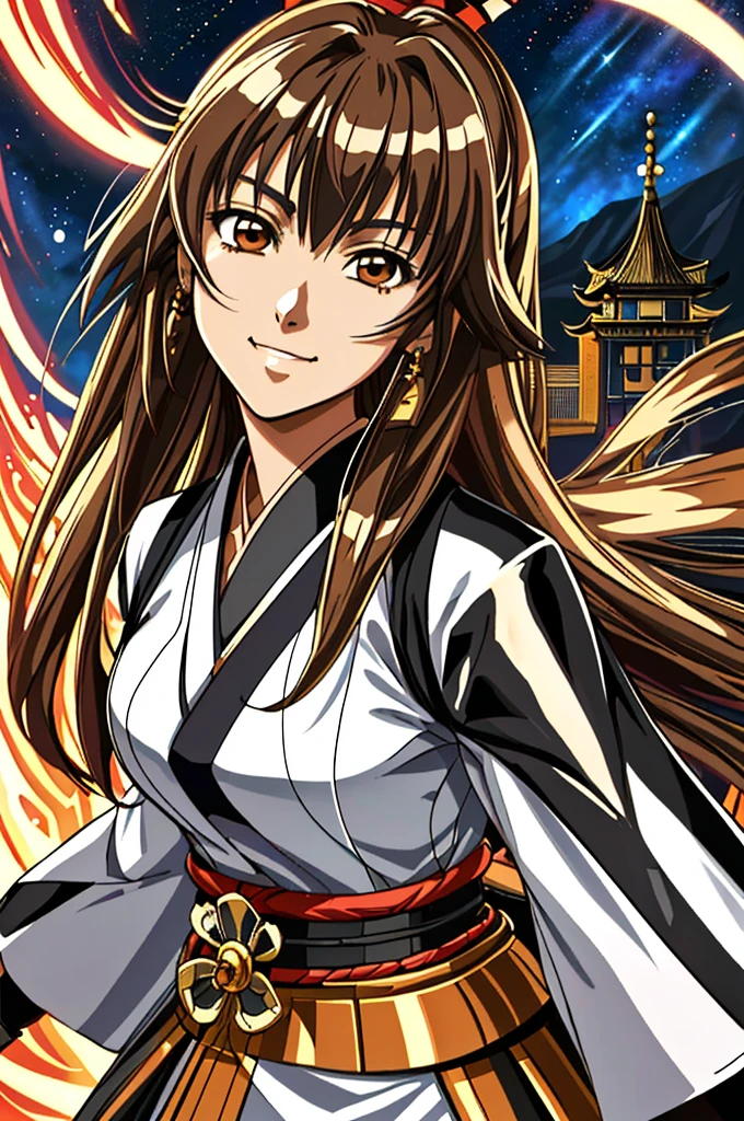 Highest quality, masterpiece, High resolution, alone, smile,, 1 Female,kimono，Naginata，Daimyo，Jinhaori，Fumaru，brigandine，hauberk,（Night Sky_background），Anime Style, 4K,，masterpiece，Middle Age，alone, 1 , whole body, (Front angle)，(looking at the camera)，(Two arms)，Looking at the camera,black eye，smug face，（Hime cut_hair型）， Shinkai Makoto style,（Brown_hair），Long Hair，(Accurate fingertips), (The finer details),(Anatomically correct),(映画のbackground), Hyper Detail, (Subtle details), (Intricate details), Octane Rendering，