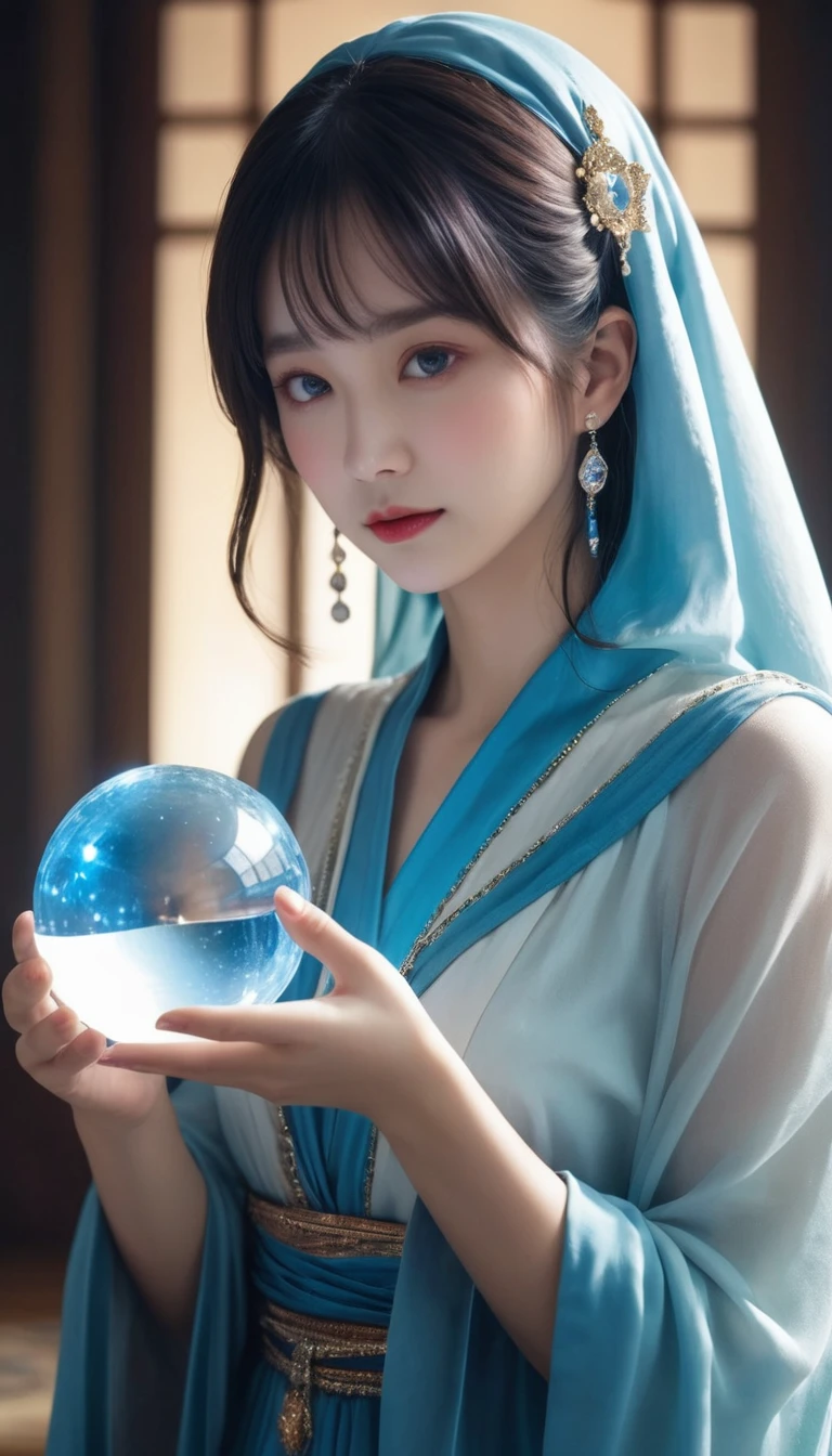 Overall body orientation: front. 女性fortune teller. charm, Beautiful and mysterious. She has a blue cape on her head、The face is clear。. The background is bright and sparkling. The atmosphere is filled with anxiety and anticipation... fortune teller is standing. He has a crystal ball in each hand. The lighting in the room is bright, Create a great atmosphere. Best image quality, 4K or 8K resolution. Extremely fine detail、that&#39;Photorealistic. Artistic style is、that should reflect the formula&#39;Beautiful bright colors and strong contrast。. The color palette should emphasize the mysterious and mystical theme of the piece... fortune teller&#39;The cloak is adorned with metal trim and intricate designs.., Thickness ratio 1.5. The overall atmosphere is great and amazing. fortune teller&#39;The expression on his face should evoke a mysterious interest... fortune teller以外誰もいない.