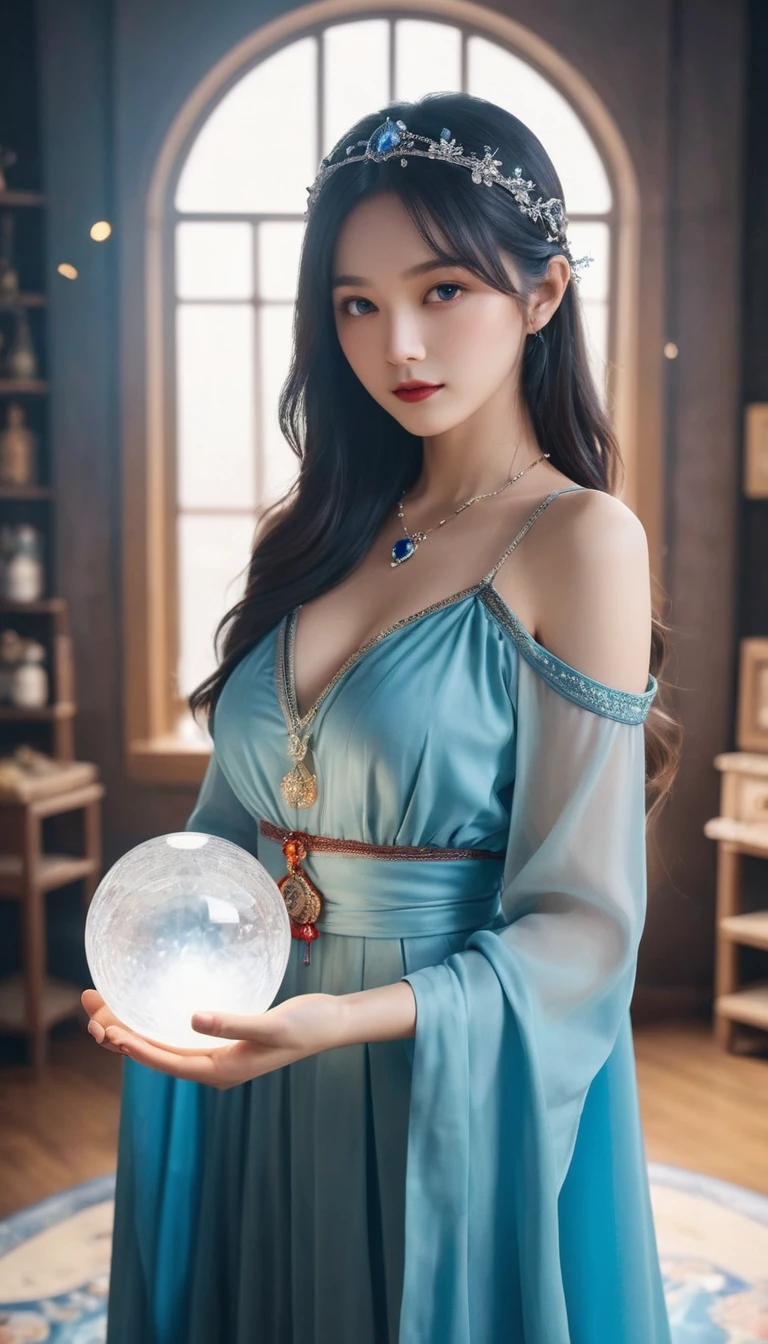 Overall body orientation: front. 女性fortune teller. charm, Beautiful and mysterious. She has a blue cape on her head、The face is clear。. The background is bright and sparkling. The atmosphere is filled with anxiety and anticipation... fortune teller is standing. He has a crystal ball in each hand. The lighting in the room is bright, Create a great atmosphere. Best image quality, 4K or 8K resolution. Extremely fine detail、that'Photorealistic. Artistic style is、that should reflect the formula'Beautiful bright colors and strong contrast。. The color palette should emphasize the mysterious and mystical theme of the piece... fortune teller'The cloak is adorned with metal trim and intricate designs.., Thickness ratio 1.5. The overall atmosphere is great and amazing. fortune teller'The expression on his face should evoke a mysterious interest... fortune teller以外誰もいない.