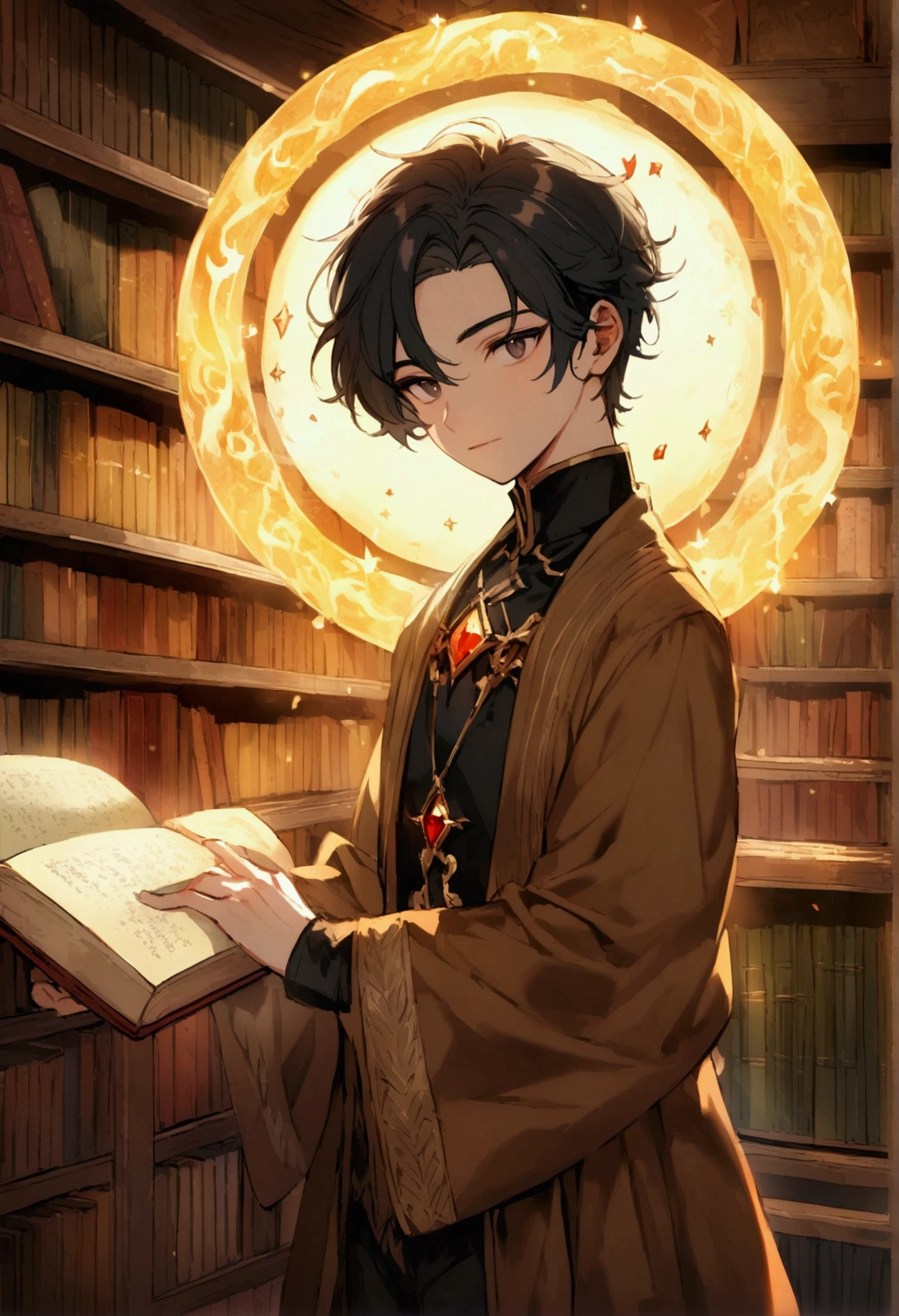 young man with black hair and dark eyes, mythical library