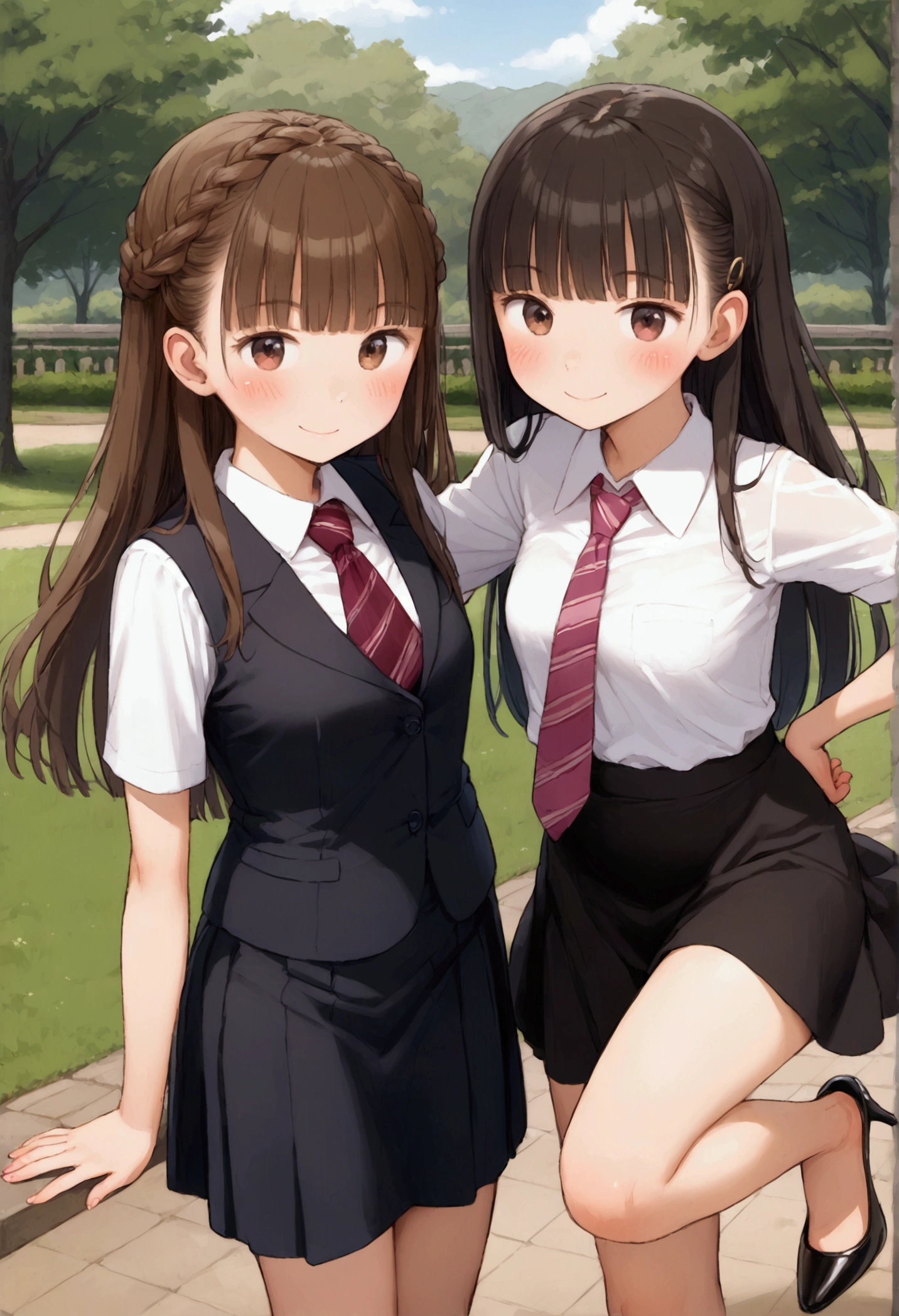 {Highest quality}, {Super beautiful},{Ultra fine},{Best illustration},Brown Hair,Hime cut,long hair,Braid,One woman,Standing Woman,Adult women,Strike a pose,smile,smilingly,suit,White Shirt,Short sleeve,Long black skirt,at the park,Blushing,Slender,Black stiletto heels,barefoot,Stand with your legs together,from the front,Bend one leg
