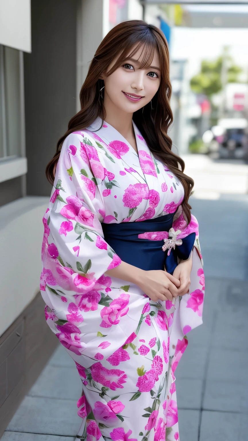 (Cowboy Shot、Highest quality、8k、Award-winning works、Ultra-high resolution)、One beautiful woman、((She is wearing a sexy yukata.)),(blonde:1.1)、Bright color contacts、Perfect Makeup、Bright and shiny lipstick、(Very heavy makeup:1.2)、(Deep pink around the eyes:1.1)、Beautiful bright eyeshadow、Heavy makeup around the eyes、(Huge breasts:1.2)、very long wavy hair、(Romantic affection:1.1)、The best smile he had when he saw me、(Many of them emphasize the body line..:1.1)、(Strongly blurred vibrant Harajuku city background:1.1)、(Strongly blurred background:1.1)、Accurate anatomy、Ultra HD Hair、(Ultra-high resolutionの完璧な美しい歯:1.1)、Ultra-high definition beauty face、Ultra HD Hair、Ultra HD Shining Eyes、輝くUltra-high resolutionの美肌、Ultra-high resolutionの艶やかな唇