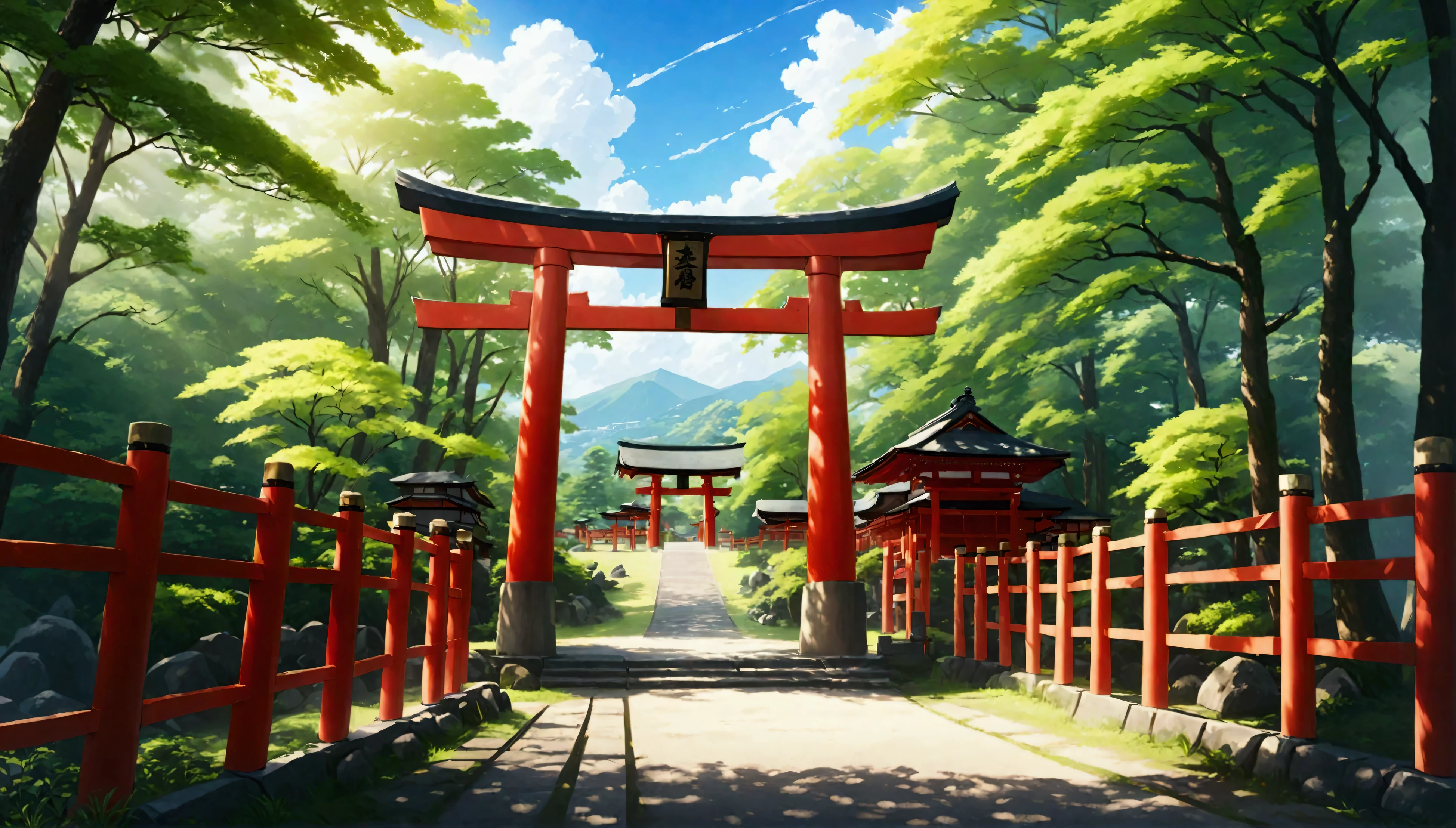 Japanese countryside,shrine,torii,Midsummer,sunny,Daytime,Highest quality, 8k, High resolution, masterpiece:1.2, Very detailed, Realistic:1.37, High resolution, 超High resolution, Very detailed, Professional, Vibrant colors
