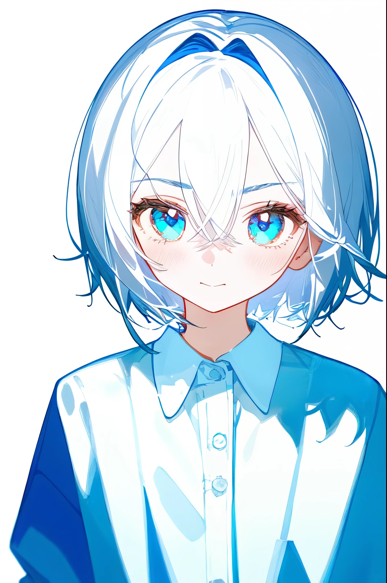 1 Girl, Solitary, White hair, Medium to short hair, Bangs, Hair between the eyes, Eyebrows visible through hair, Blue Eyes, Looking at the audience, White shirt, Simple background best quality, excellent quality, very aesthetic