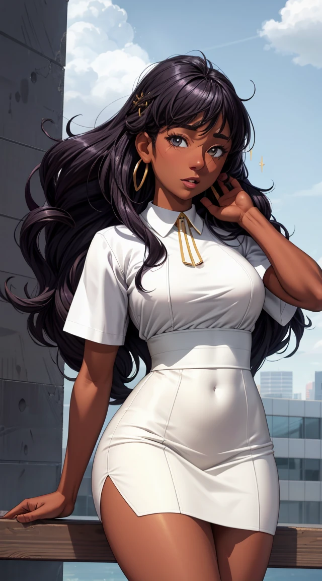  Fullbody, close perspective,  (best quality:1.5, highres, UHD, 4K, detailed lighting, shaders), black floral haired, gradient hair, large breasts, white suit, gray shirt, white social shirt, ehite short skirt, mature woman , (pov), white background, colorful eyeshadow, dramatic lighting, sparkling eyes, sensual expression, golden earrings, flowing hair, delicate facial features, dark skinned, high cheekbones, urban setting, white background, dont look for the camera, lean forward,