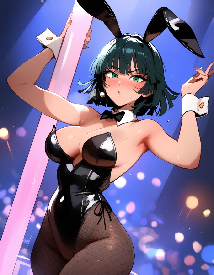 1girl, fubuki \(one-punch man\), one-punch man \\\\\ masterpiece, best quality, newest, , ///// nyantcha, khyle, cutesexyrobutts \\\\\ big breasts, thin waist, sweatdrop, playboy_bunny,  blush, ,  fishnet pantyhose, looking at viewer, nightclub, pole dancing, stripper pole