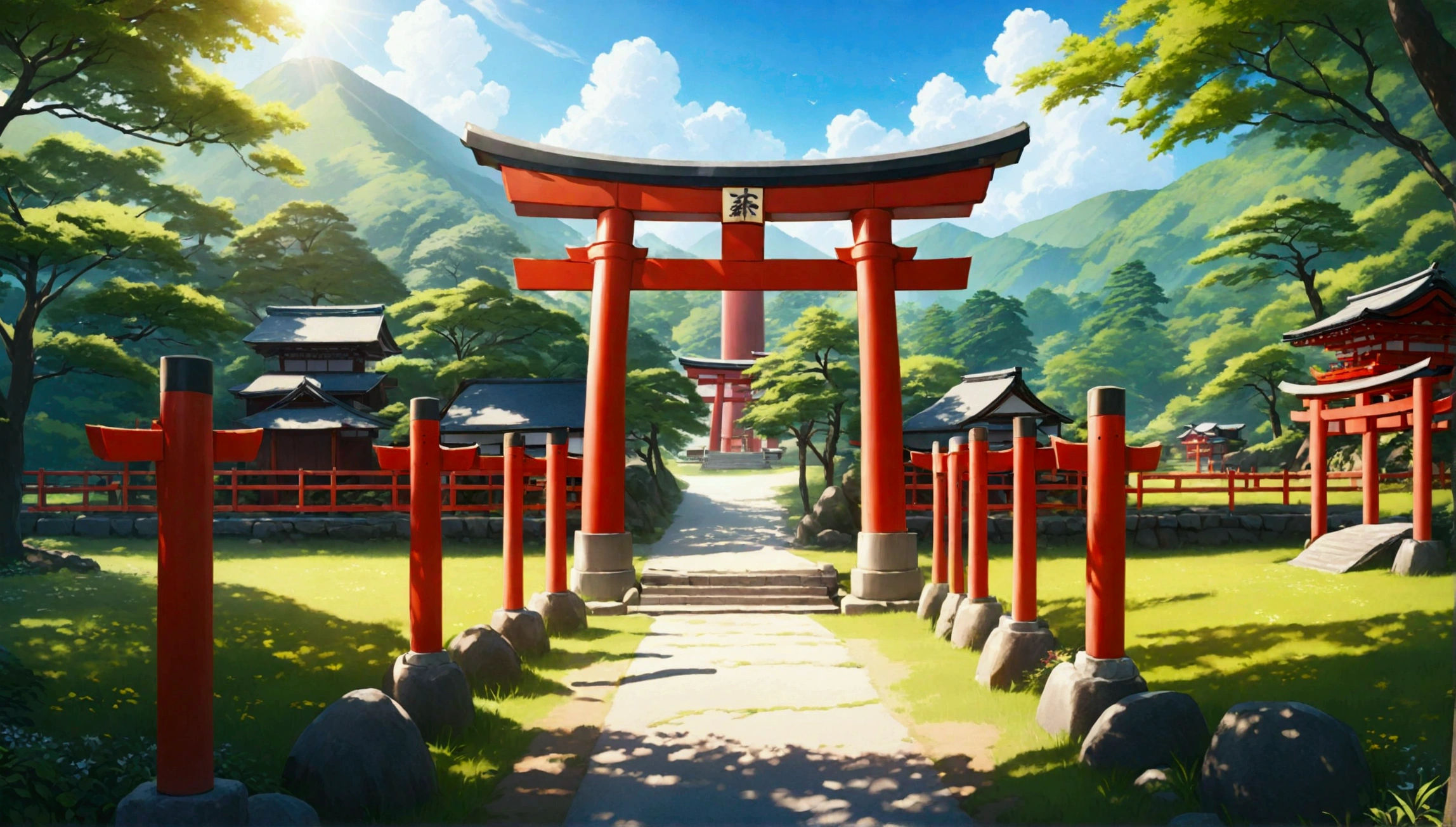Japanese countryside,shrine,torii,Midsummer,sunny,Daytime,Highest quality, 8k, High resolution, masterpiece:1.2, Very detailed, Realistic:1.37, High resolution, 超High resolution, Very detailed, Professional, Vibrant colors
