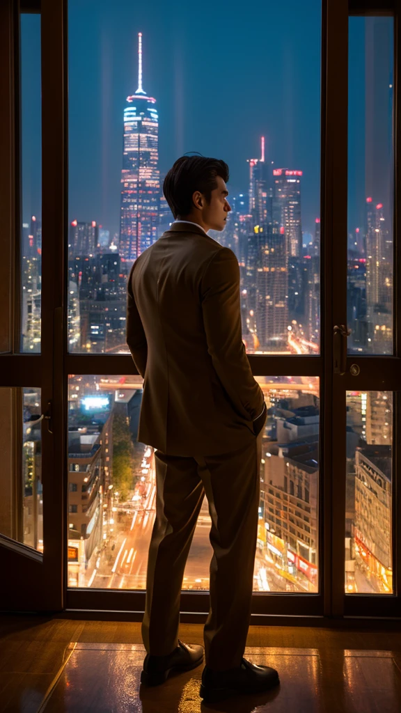 (modern day, k hd, ultra - detailed), (1male people, solo person, AS-Adult, mature:1.4, kor:1.4, young, tall muscular man, Handsome), Very short hair, brunette color hair, Hair oil, with brown eye,(Pointed chin:1.4,Thick neck:1.4,),the night,dark,Look at the night view of the city through the large window,brown suit,tiese,full bodyesbian,luxury goods,luxury goods,