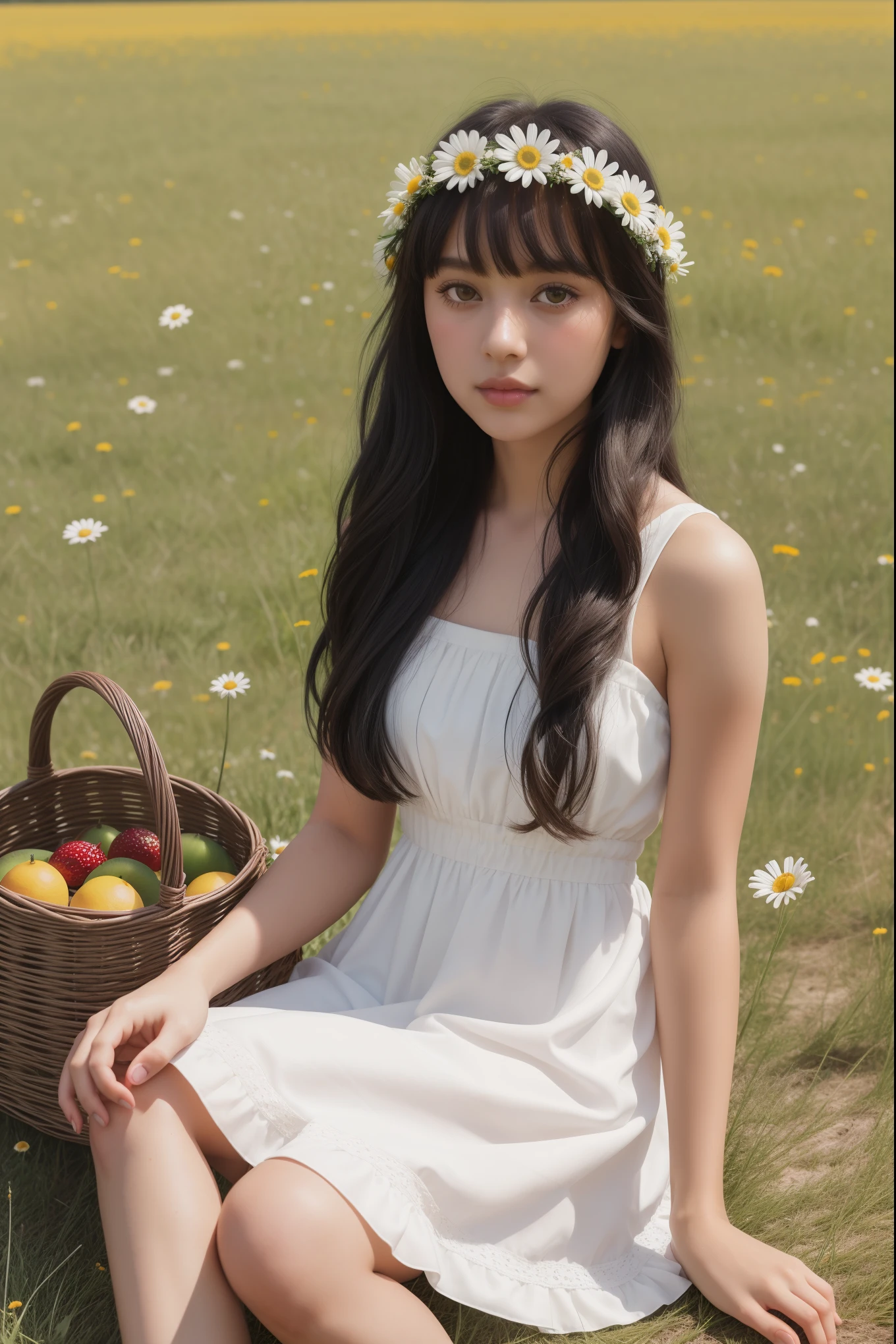 (girl:1.2),alone, (black long hair with bangs:1.1), brown eyes, Wearing a daisy wreath on your head, Sit in a daisy field, (fruit basket:1.1), white coquette dress,raw,photographic,photo shadows,actual,Ridiculous,Aesthetic,elegant
