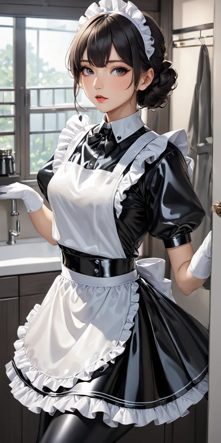 Portraiture、(masterpiece,Highest quality,Ultra-high resolution),Japanese women, (((Very beautiful 25 year old girl))),(Latex Maid Clothing)、((Latex Long Skirt))、(A long-sleeved latex shirt that covers the upper body)、Latex gloves、Latex socks、Latex bodysuit、Frills、The clothes fit snugly to the body、Latex is very shiny、Dark Room、