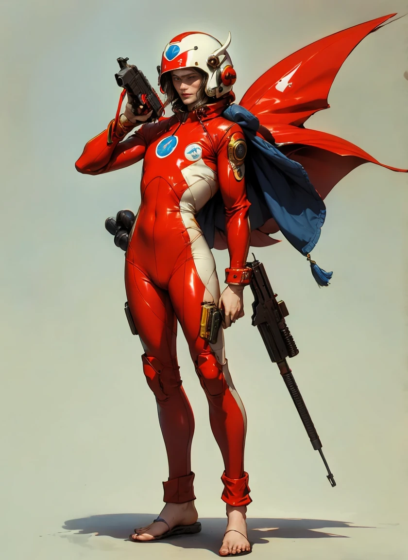 perfect proportions, anatomically correct, (From head to toe: 2.0), (full body image: 2.0), alone, (kasen: 1.6), extremely stylized, unusual art, masterpiece, very detailed, detailed eyes, expressive detailed eyes, detailed student, futuristic, ((1950s sci-fi helmet)), ((Pointed helmet)), Rubber gloss, (red flight suit:1.4), White boots, full body image, full body shot, nvink punk, professional photograph of alexander_Skarsgård, Tassel, big beads, large drink, navy blue/white, cyberpunk, ink punk, paint platter, Ink splatters, (action pose:1.0), ((Holding a vintage laser pistol))