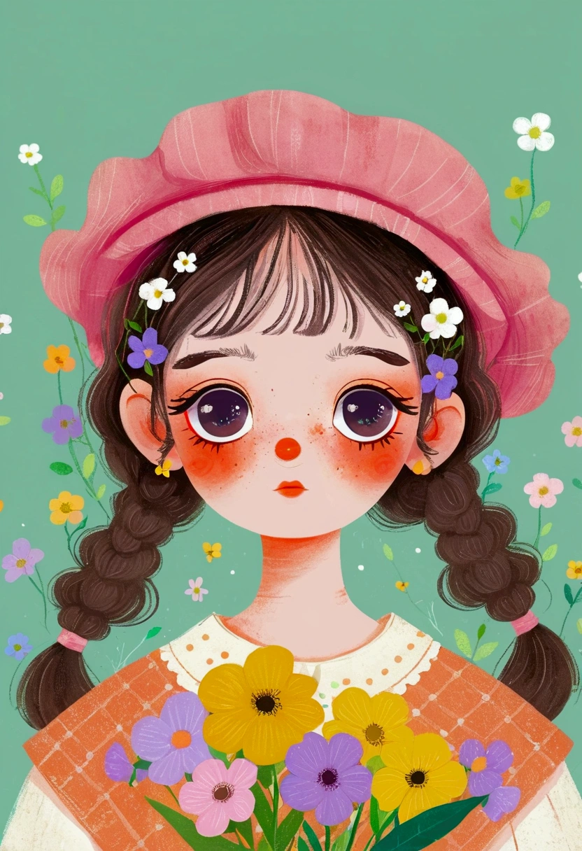 Illustration of a little girl holding flowers, big eyes,Berets,The art of math ,Hot trends, The art of math, 采用数码Illustration style, The art of math. The art of math illustration,Cute illustrations, The breath of spring, Illustration Art, Illustration style, Drawn in a whimsical style