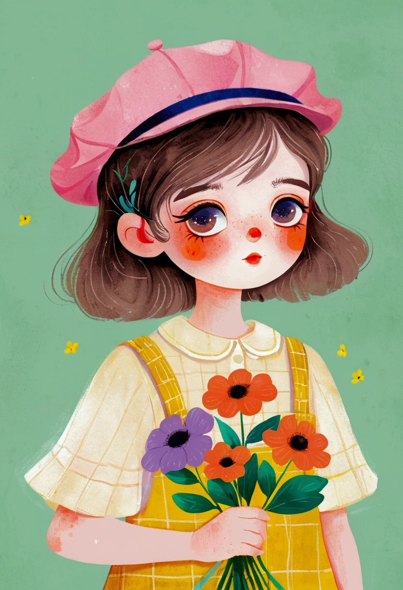 Illustration of a little girl holding flowers, big eyes,Berets,The art of math ,Hot trends, The art of math, 采用数码Illustration style, The art of math. The art of math illustration,Cute illustrations, The breath of spring, Illustration Art, Illustration style, Drawn in a whimsical style