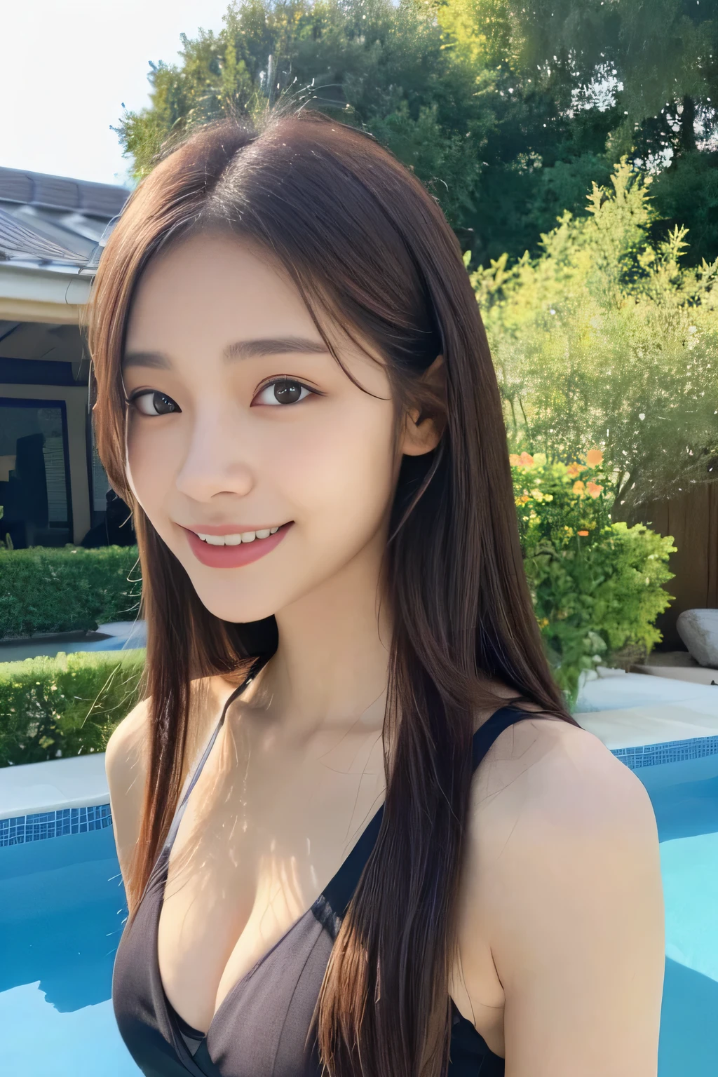 seed:1764630753.((Full body angle:1.1)).((Highest quality, 8k, masterpiece:1.3)), ((from below:1.1)).concentrated:1.2, Perfect body beauty:1.4, Hips:1.2, ((Delicate Hair)), (Colorful bikini :1.1) , ((Highest quality、8k、masterpiece:1.3))、1 Girl、A sloppy smile、Esbian all over body、Slim face、Big 、Beautiful woman、(Dark Brown Hair)、Long Hair、1.1、Flickering Valley、Detailed eyes、double eyelid、Blurred Background、超Slim face、Smile、Looking down、Poolside、